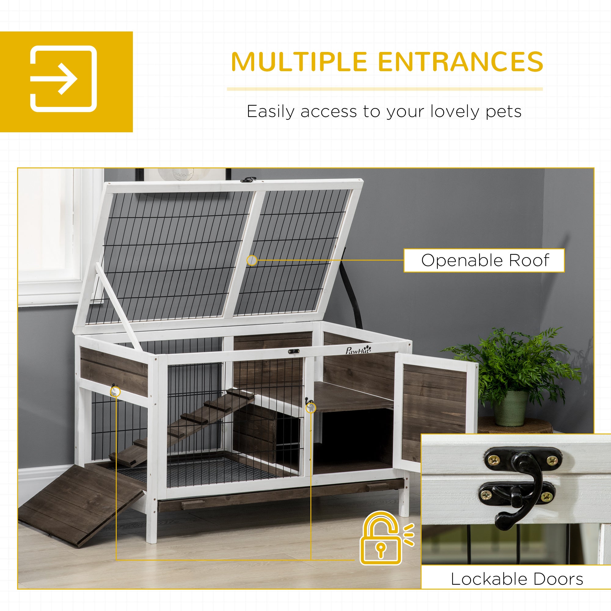 Wood Rabbit Hutch, Elevated Guinea Pig Cage with Run, Coffee - Coffee - Image 5