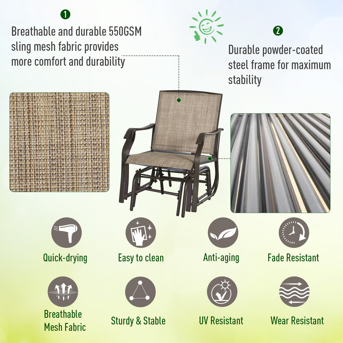 3 Piece Outdoor Glider Chair with Coffee Table Bistro Set, 2 Patio Rocking Swing Chairs with Breathable Sling Fabric, Glass Tabletop, for Backyard, Garden and Porch, Mixed Brown