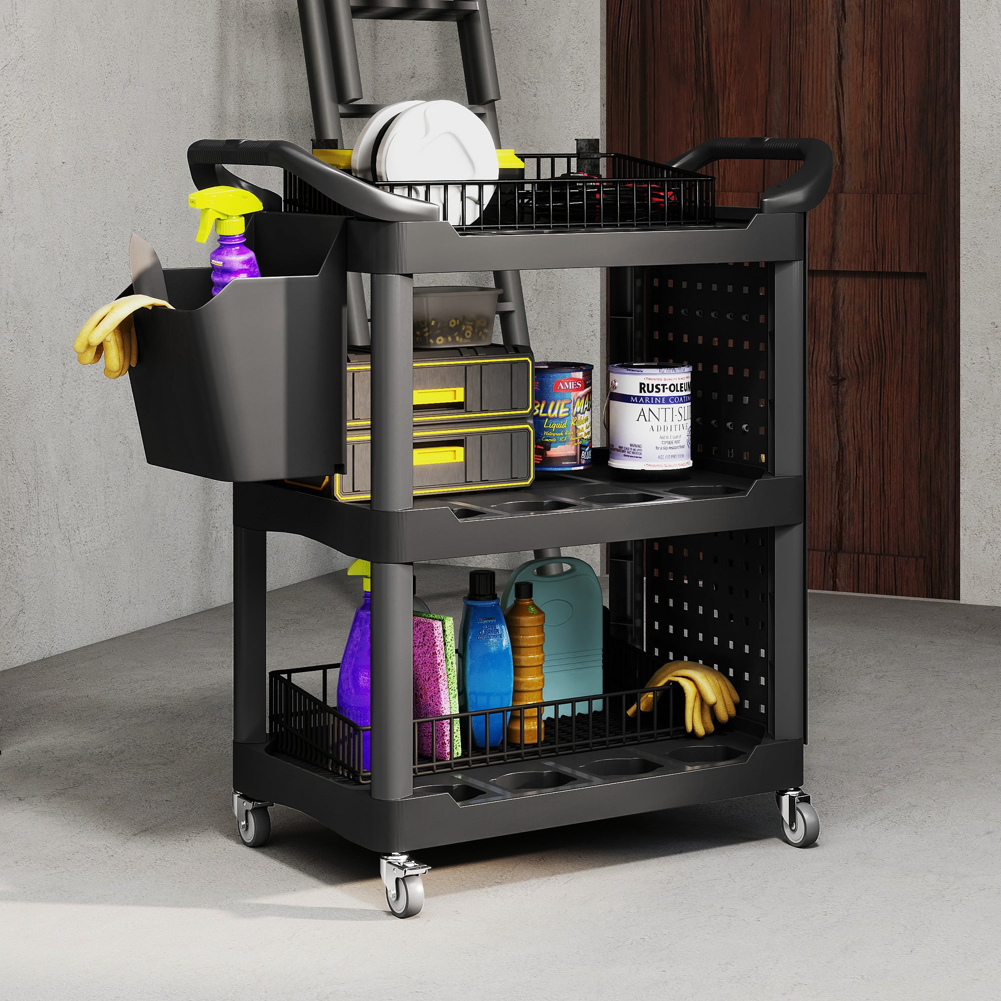 3-Tier Rolling Tool Cart, 200 LBS Capacity Plastic Utility Cart with Side Shelf and Storage Bucket, Black