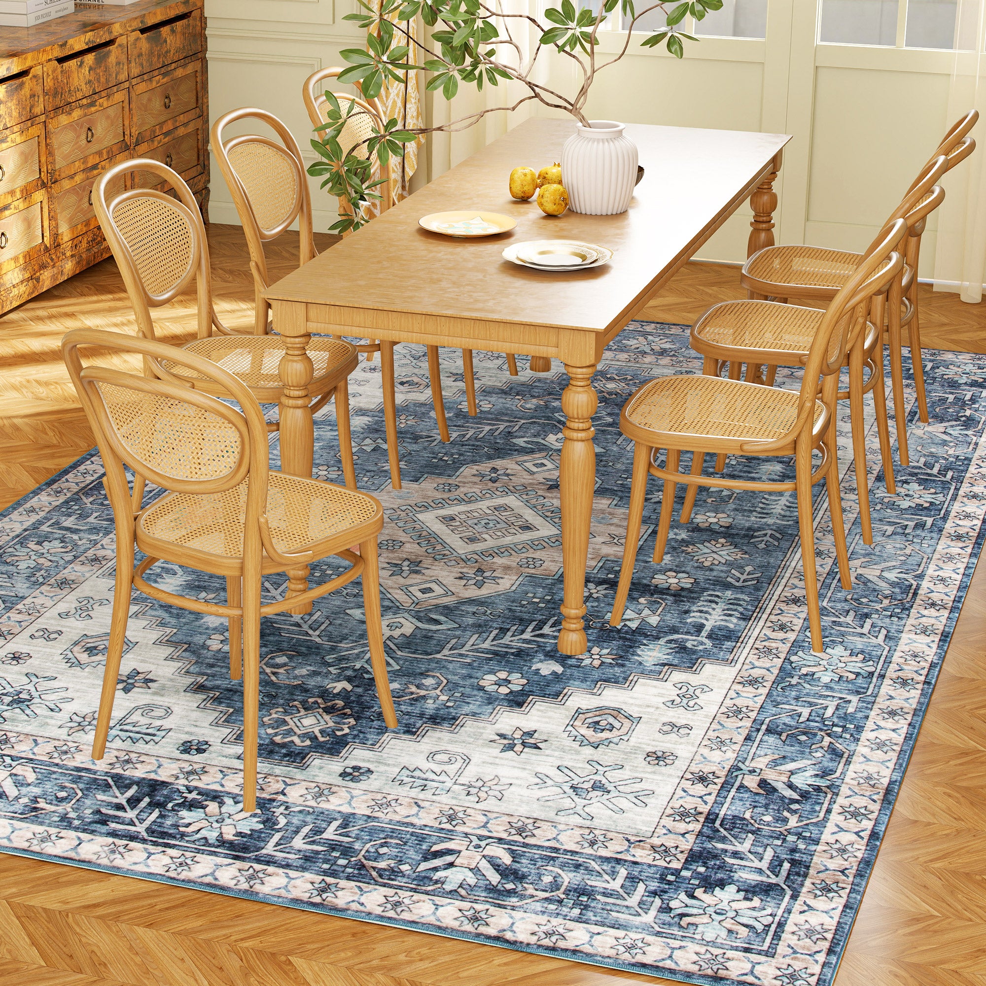 5x7 Area Rug, Vintage Washable Rug, Non-Slip Floor Carpet for Living Room, Bedroom, Dining Room, Blue