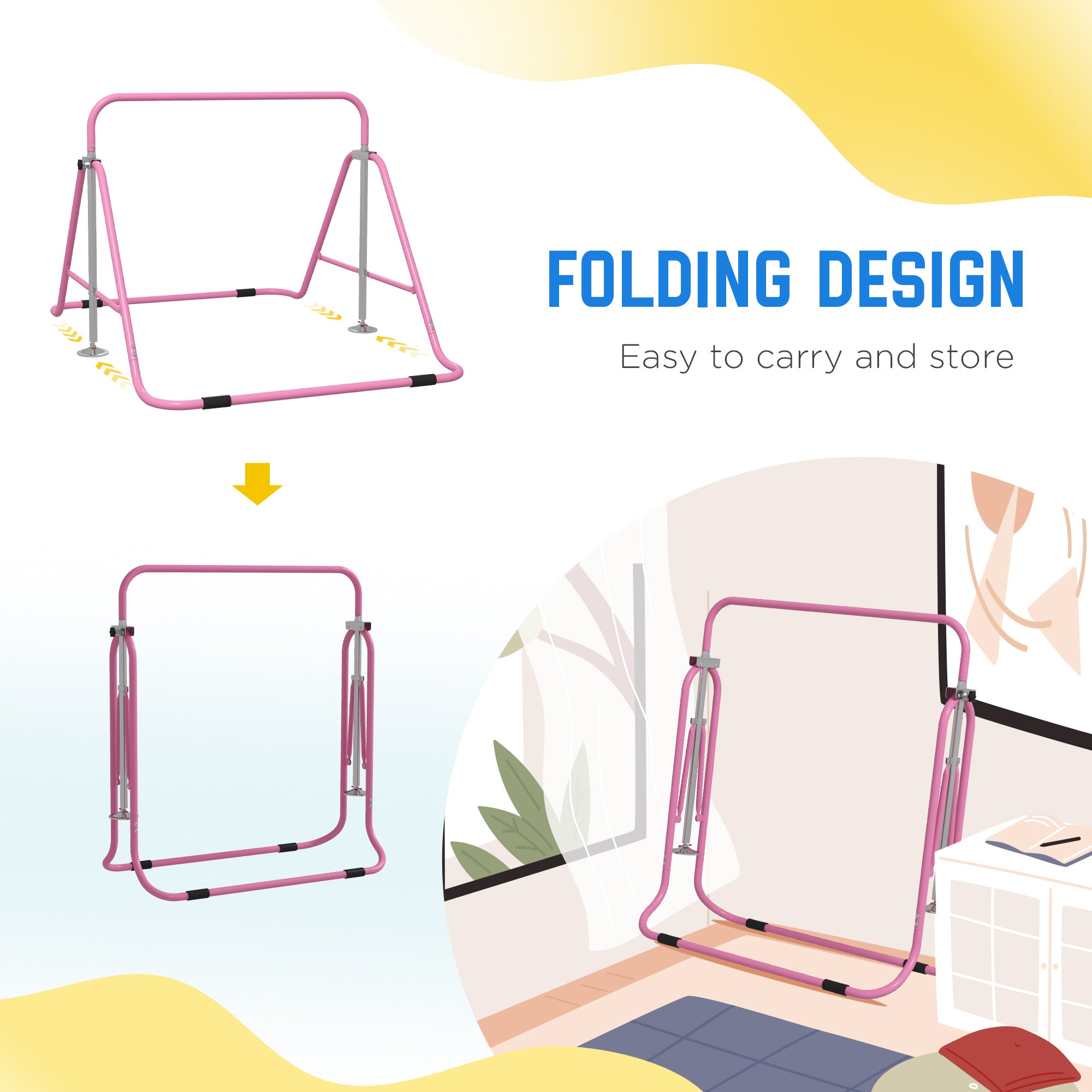 Folding Gymnastics Bar for Kids, Adjustable Height, Bubble Gum Pink