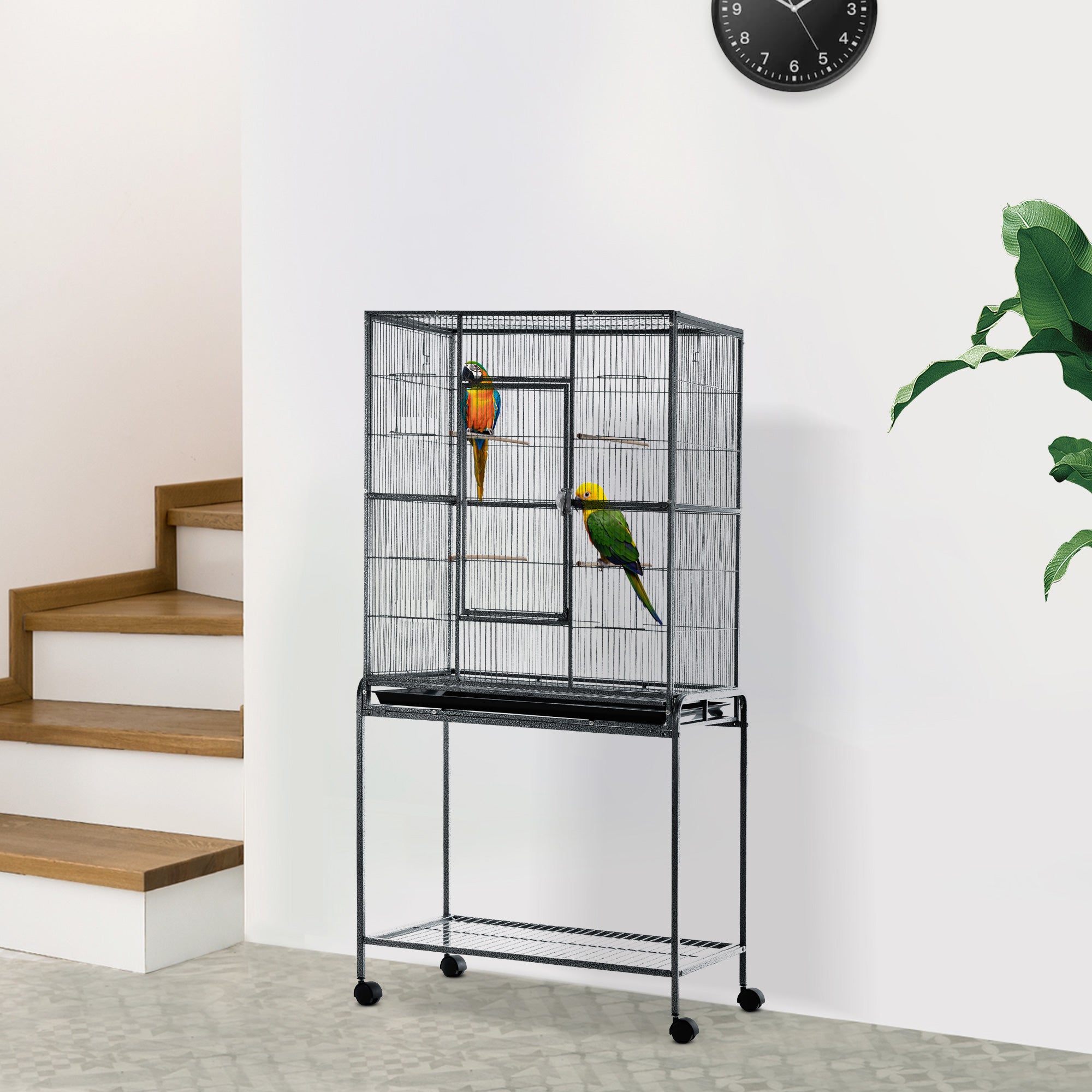 30" Rolling Metal Bird Cage Feeder with Detachable Rolling Stand, Storage Shelf, Wood Perch & Food Container - Black and Gray - Image 2
