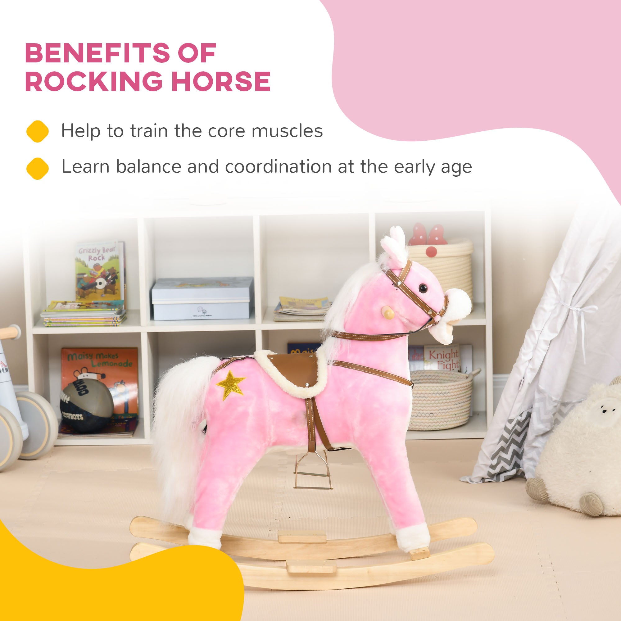 Rocking Horse Toddler Ride On Horse with Sound Saddle, Pink