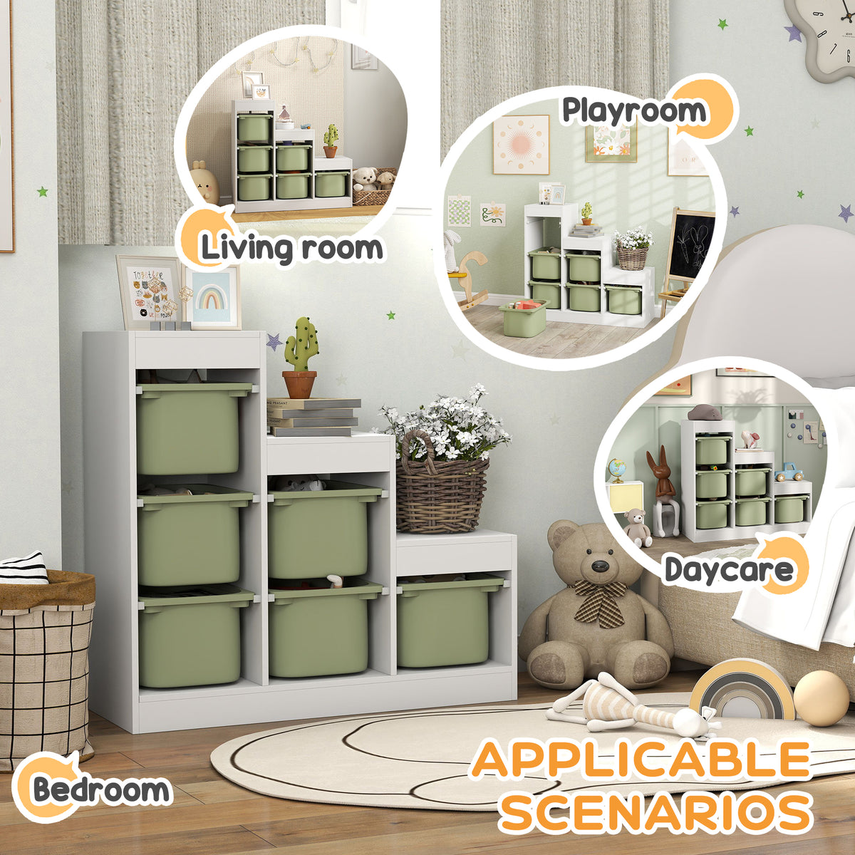 3 Layers Kids Toy Storage Organizer with 6 Storage Bins, Kids Bookshelf for Ages 3-8 Years, Play Room, Bedroom, Green