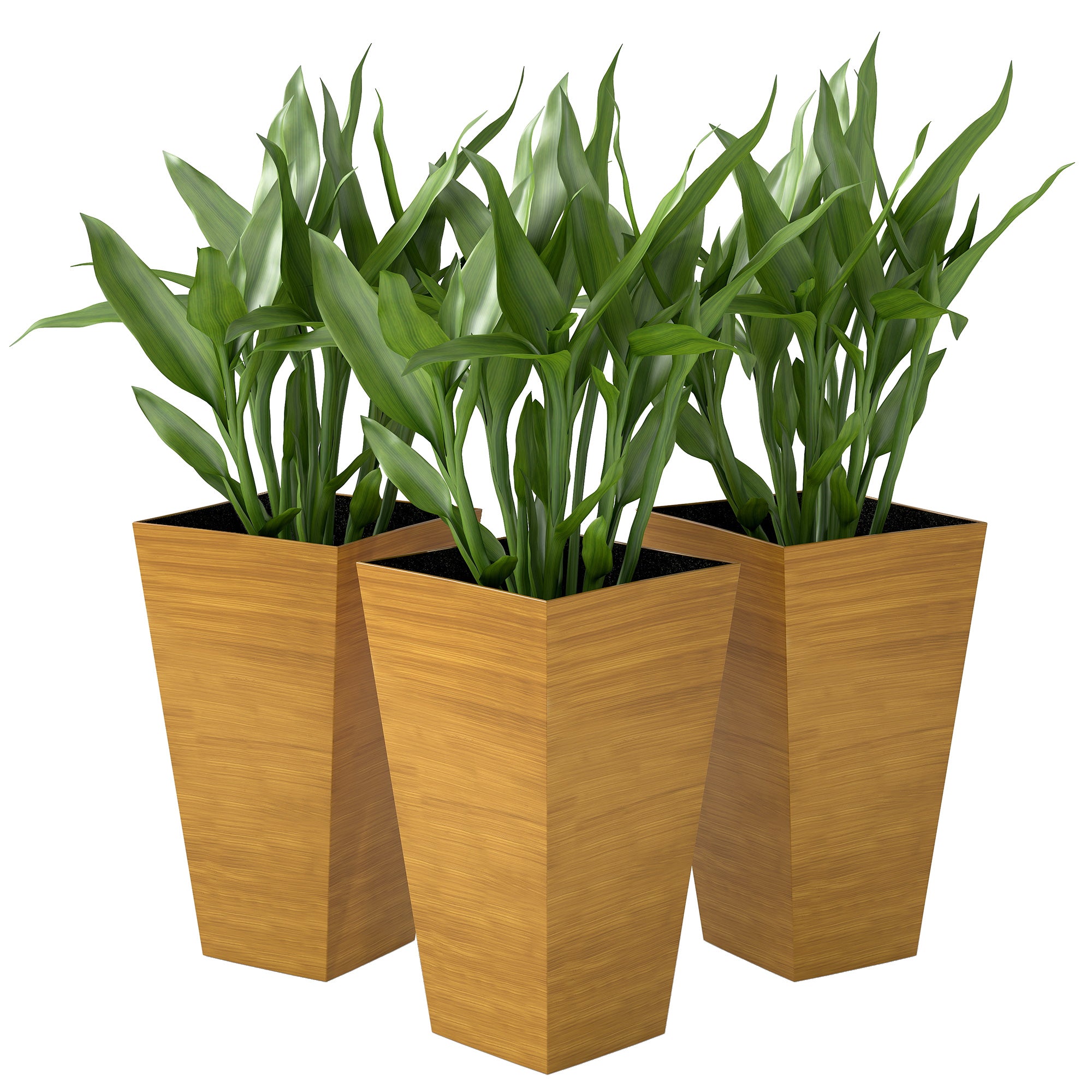 Set of 3 Tall Planters, 28" Outdoor Planter w/ Drainage Holes, Faux Wood Plastic Flower Pots, Light Brown - Brown