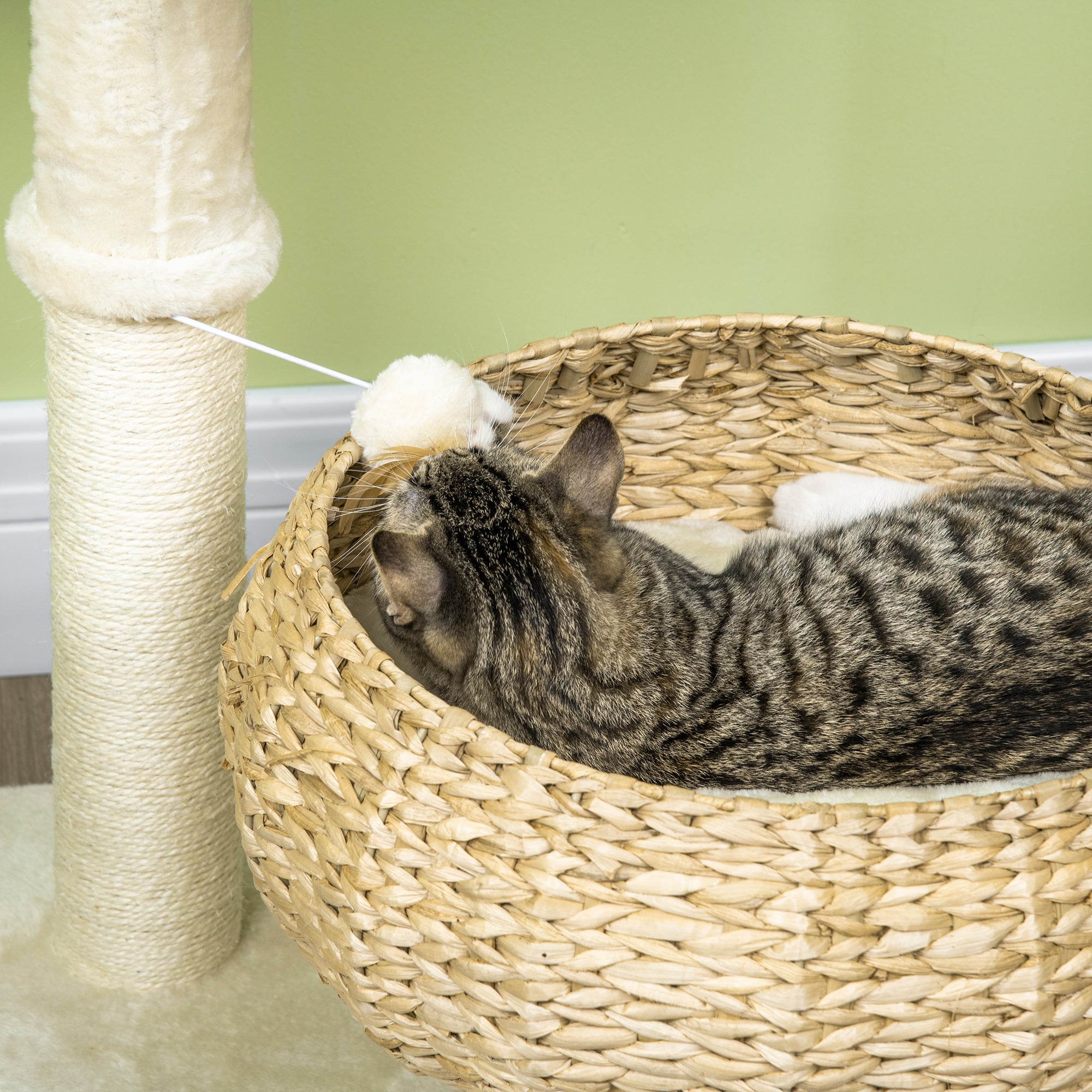 28" Elevated Cat Bed with Sisal Scratching Post for Indoor Kitties, Modern Cat Tree with Cute Basket Design, Small Cat Tree with Fun Ball Toy - Beige - Image 8