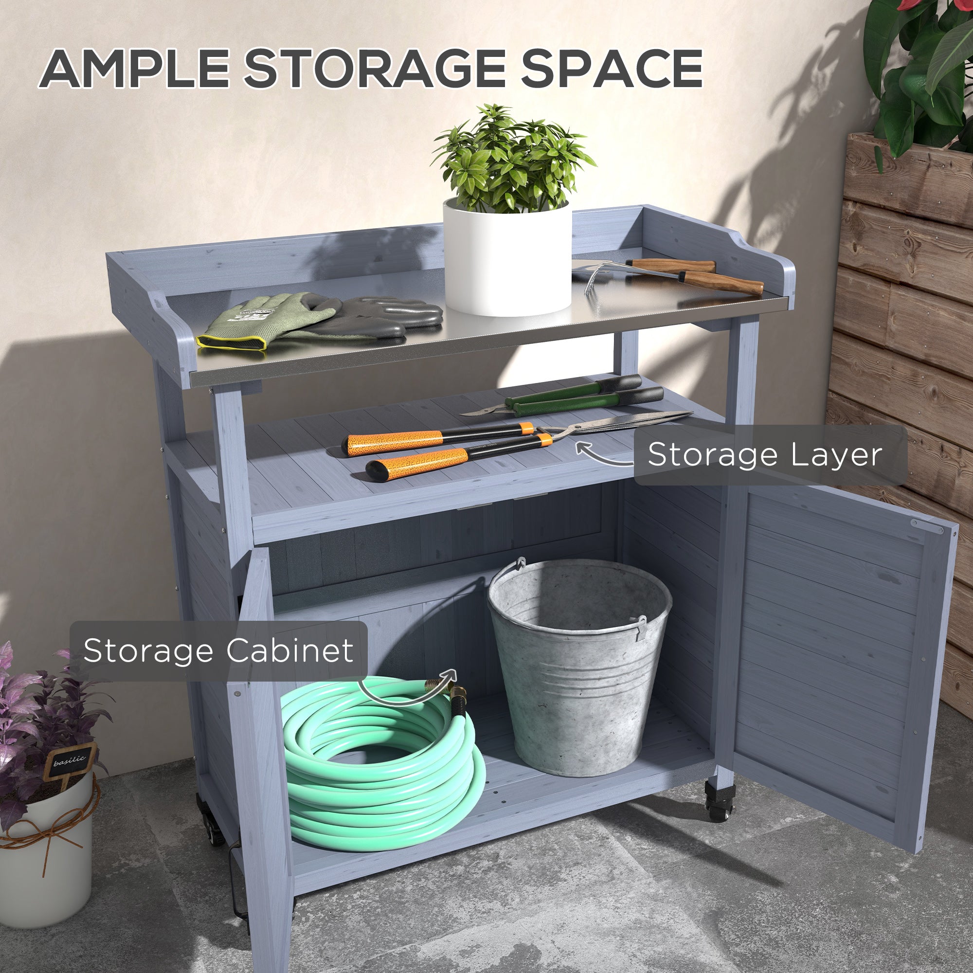Outdoor Wooden Potting Bench with Storage Cabinet, Aluminum Tabletop, Rubber Wheels for Backyard, Patio, Balcony, Gray - Gray - Image 6
