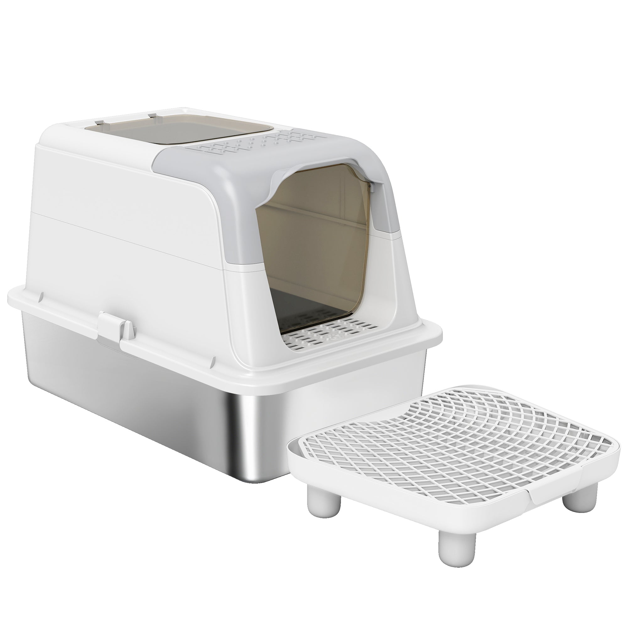 Extra Large Stainless Steel Litter Box, Enclosed Cat Litter Box with Scoop, Deodorizer Bag, Sand Drop Pedal - White
