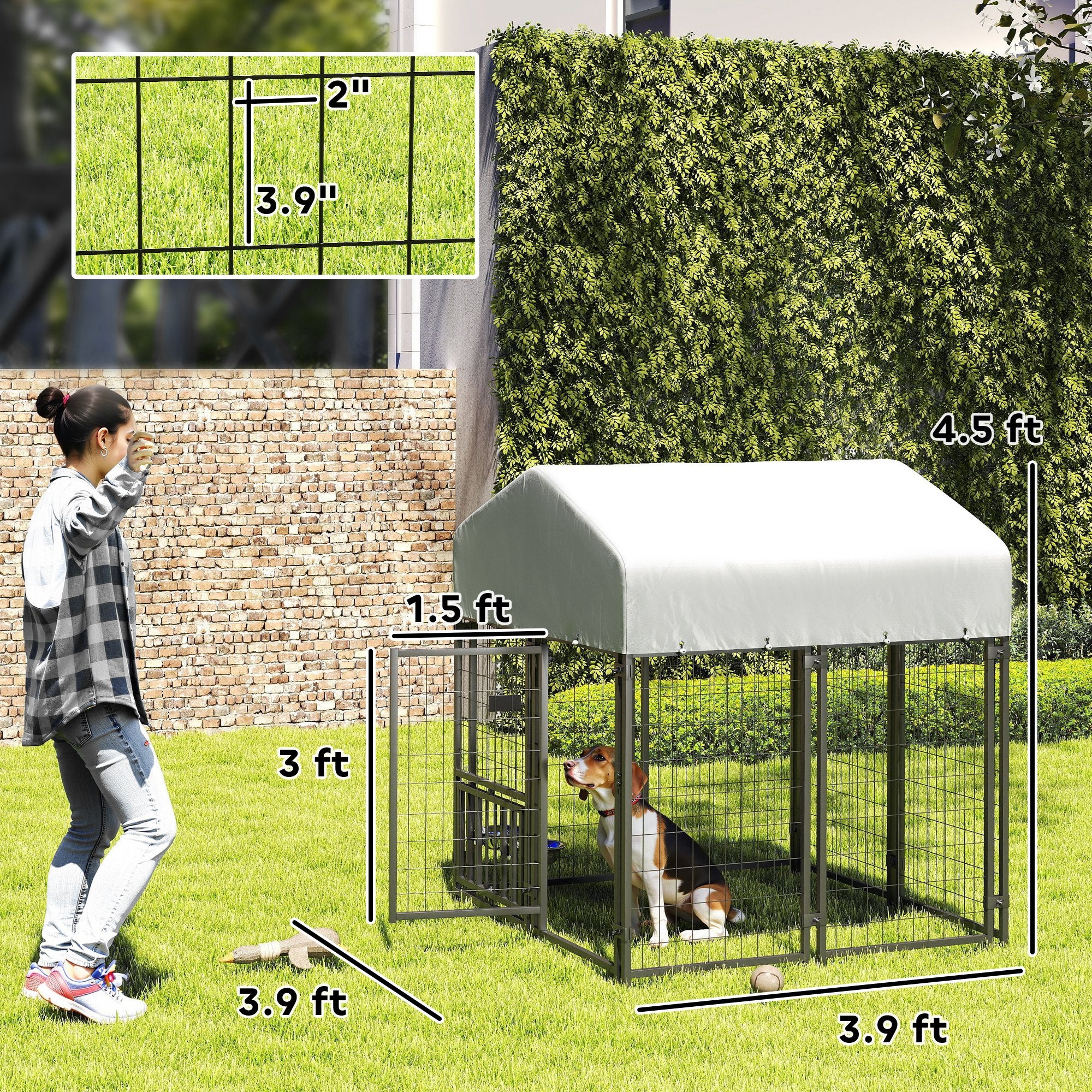 Welded Wire Outdoor Dog Kennel with 360° Rotating & 4 Levels Adjustable Bowls, Waterproof Cover, 3.9' x 3.9' x 4.5' - Silver - Image 3