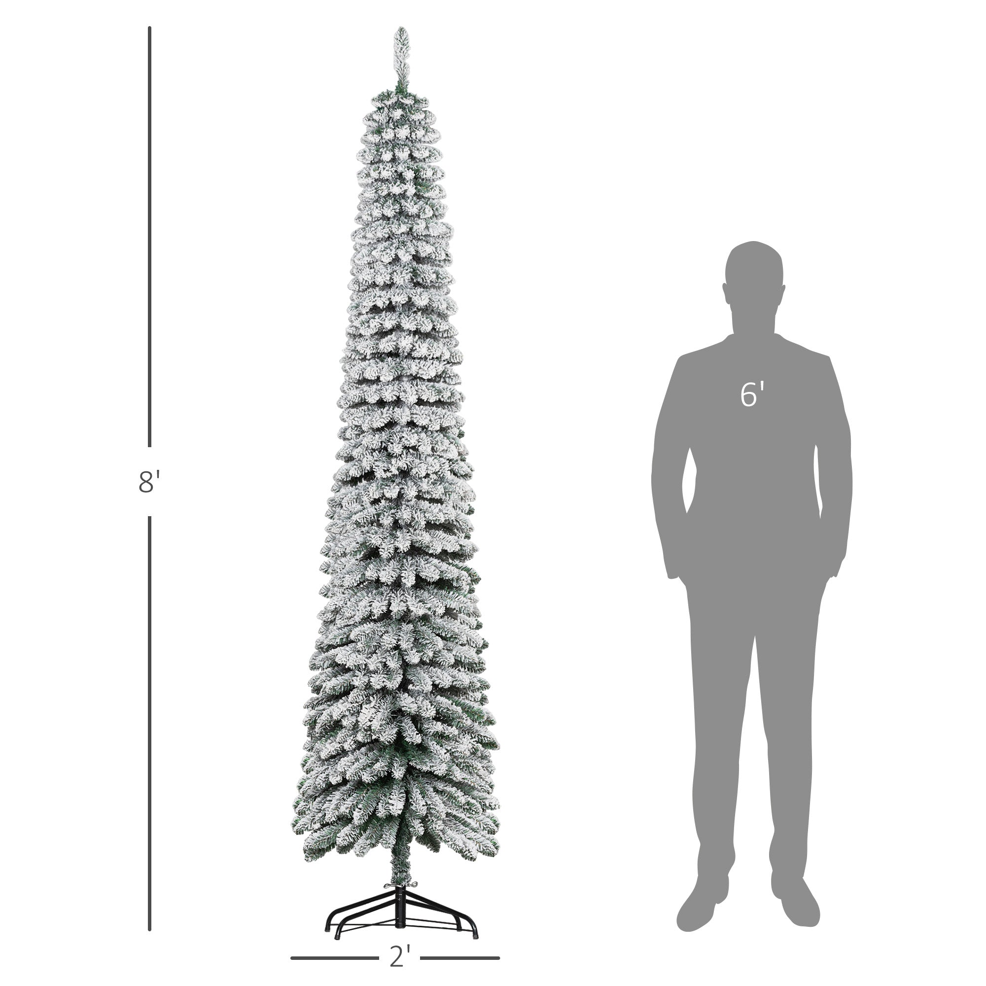 8' Tall Unlit Slim Pencil Xmas Tree, Snow Flocked Artificial Christmas Tree with Realistic Branches and 603 Tips, Green