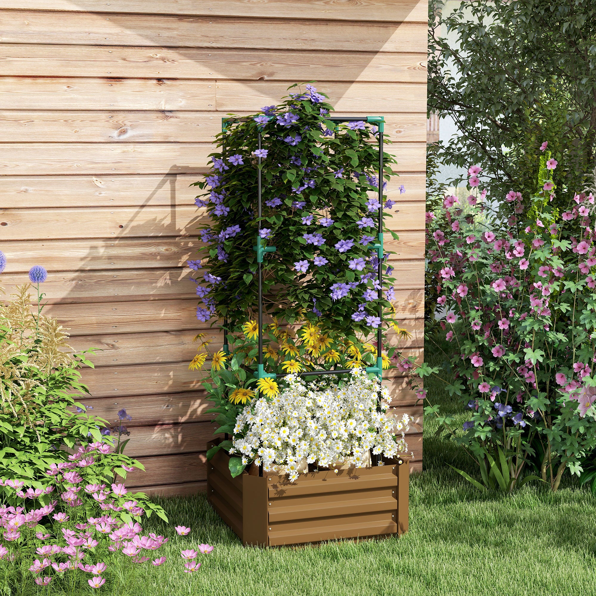 Galvanized Planter Box, 24" x 24" x 55" Raised Garden Bed with Tomato Cage for Climbing Vines, Brown - Brown - Image 2