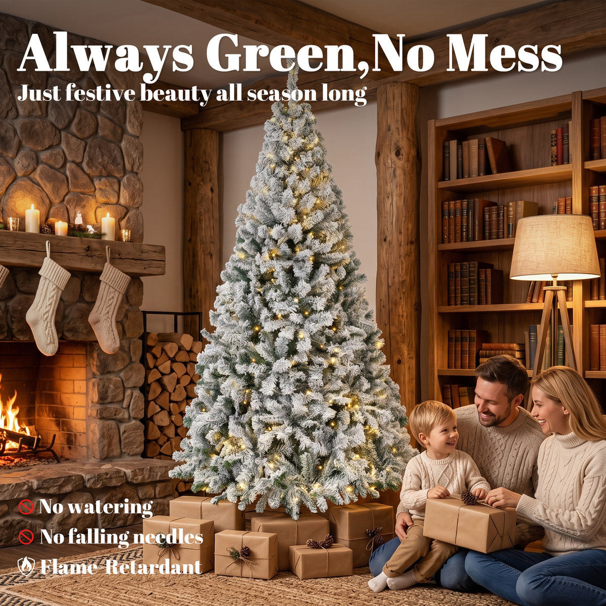 7.5ft Flocked Prelit Christmas Tree, Fraser Fir, Hinged Xmas Tree with LEDs, Foldable Metal Base, Green White