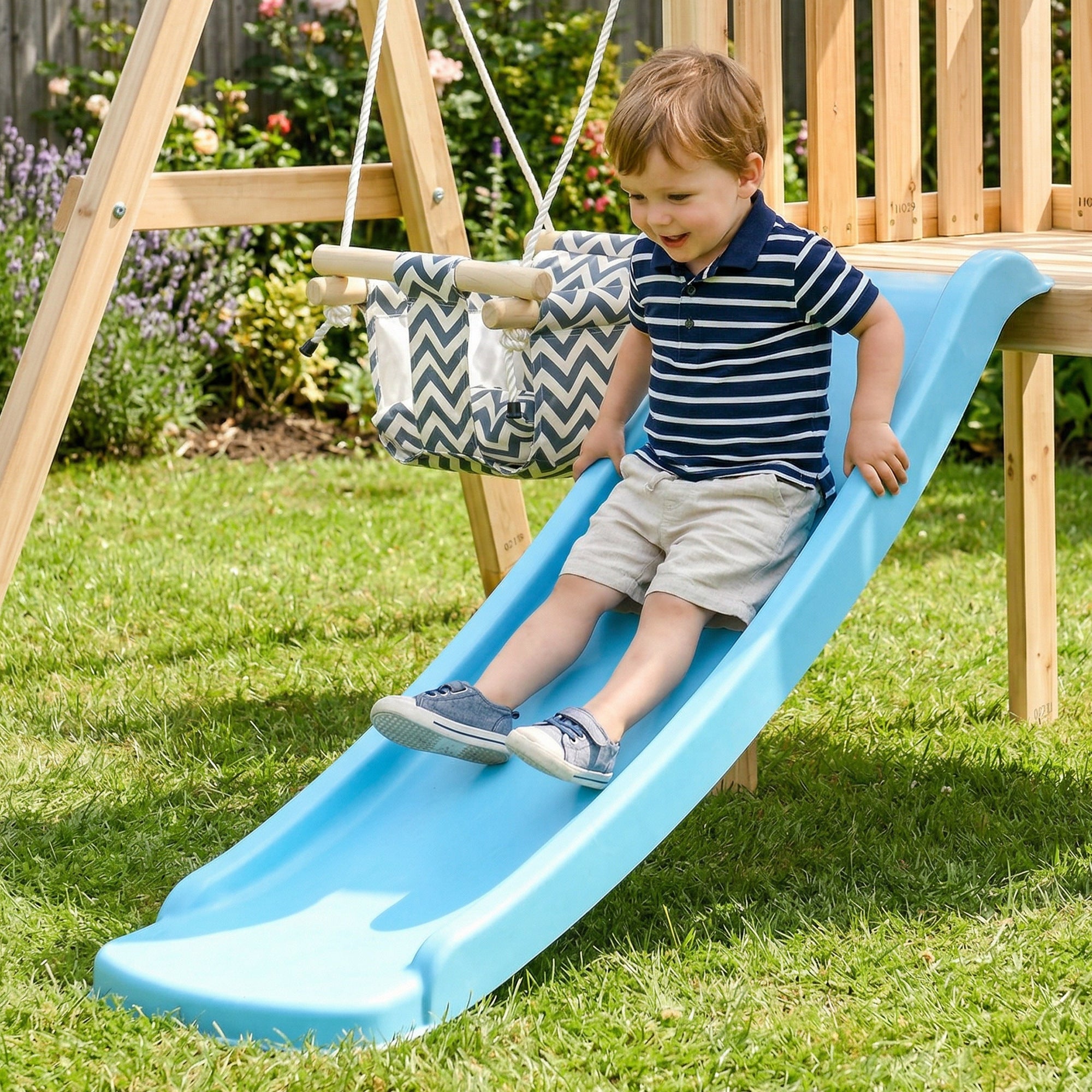 Swing Set for Backyard, Wooden Toddler Outdoor Playset with Baby Swing Seat, Kids Slide, Fort, Playground Equipment with Captain's Wheel, Telescope for Ages 1.5-4, Natural