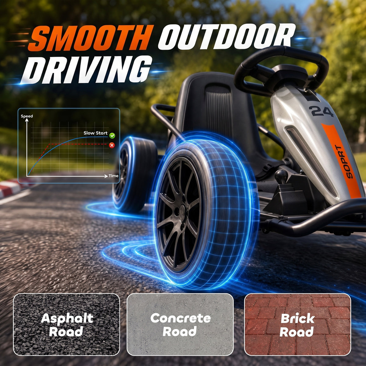 24V Electric Drift Go Kart for Kids with Dual Motors, Soft Start, PU Wheels, 7.5MPH High Speed, for Ages 6+, Gray