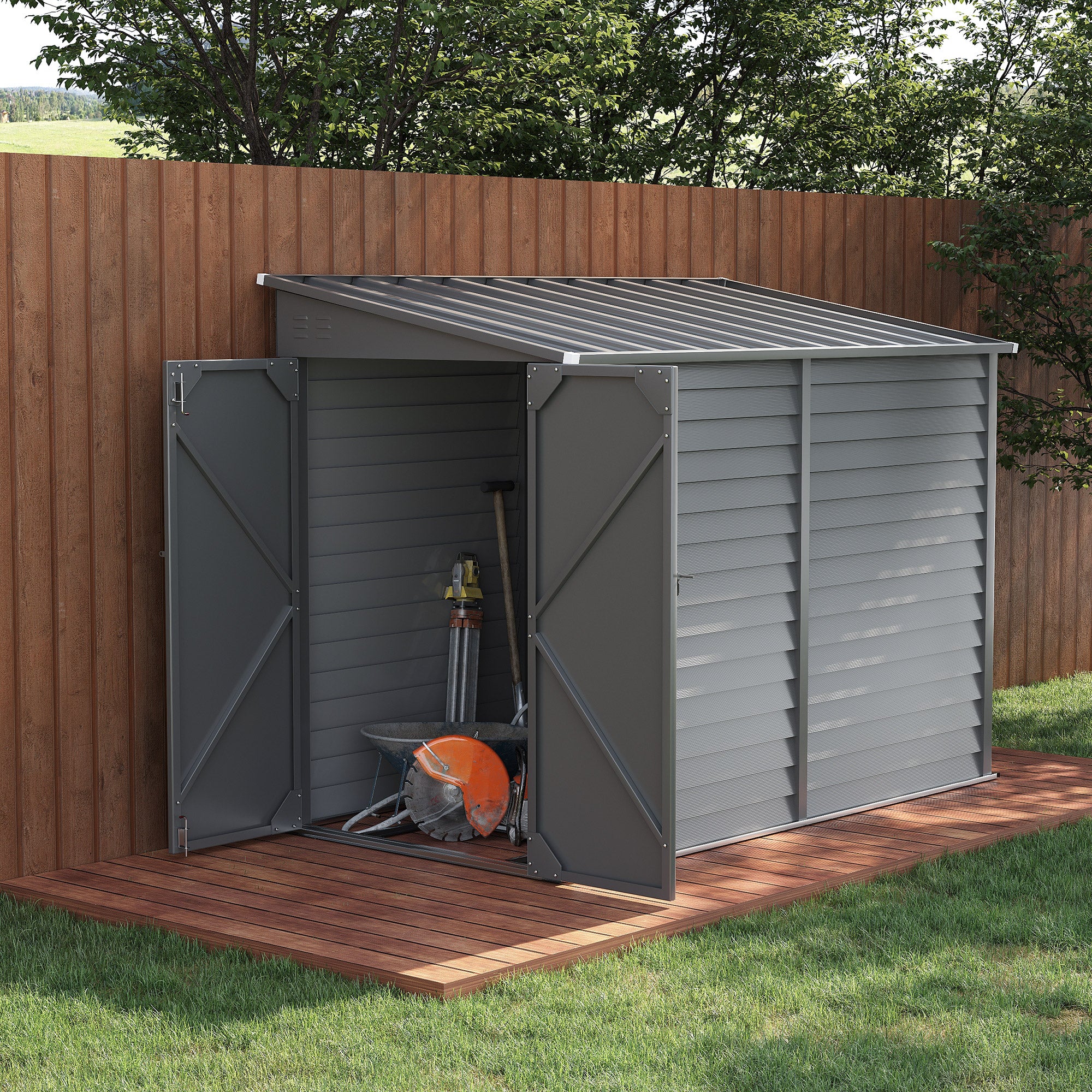 4.6' x 9' Outdoor Storage Shed, Lean to Metal Shed with Foundation Kit, Lockable Doors and Gloves for Patio, Lawn, Gray - Gray - Image 2