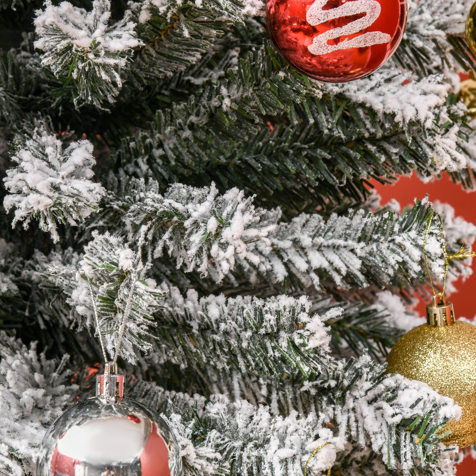 HOMOM 9ft Flocked Christmas Tree, Pencil Artificial Xmas Tree with Faux Snow, Dense Branches, Foldable Metal Base for Indoor Holiday Decor