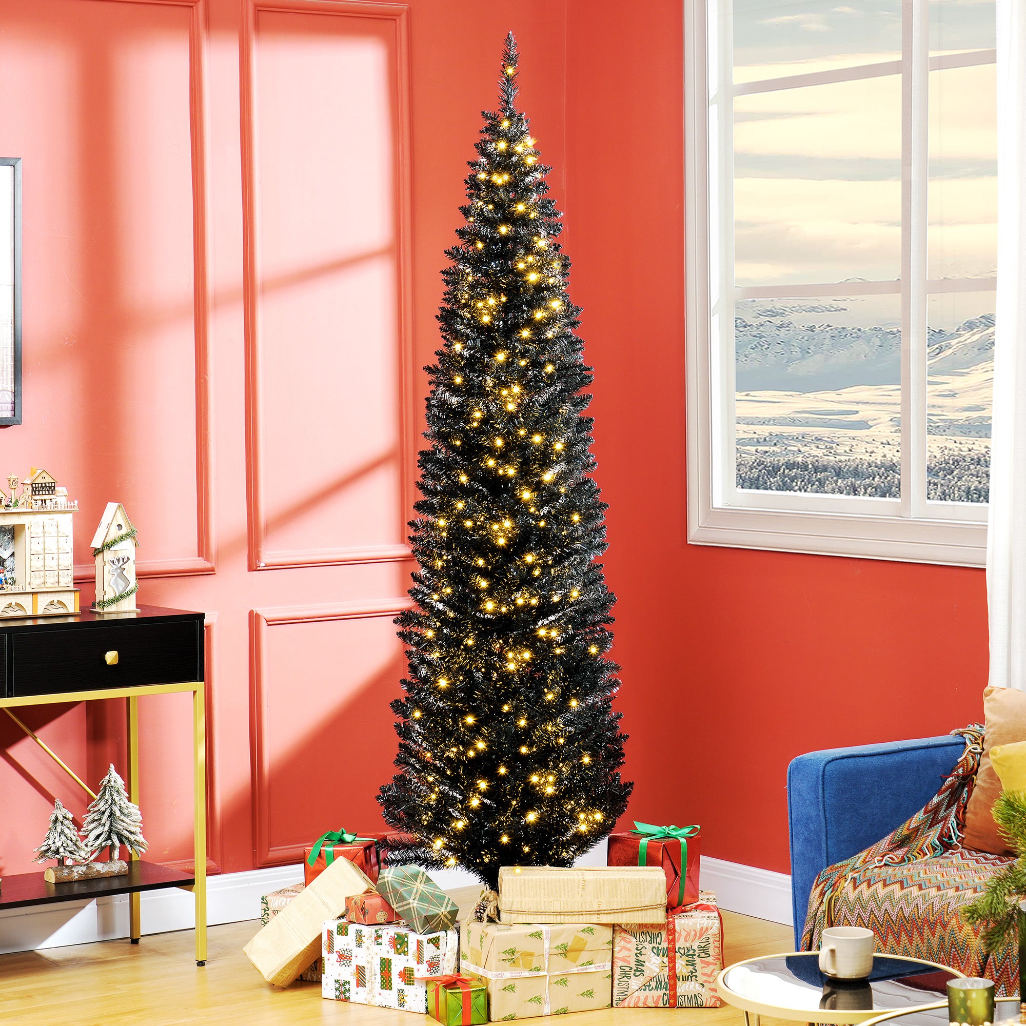 7ft Pencil Christmas Tree, Slim Artificial Christmas Tree with Realistic Branches and Warm White LED Lights, Black