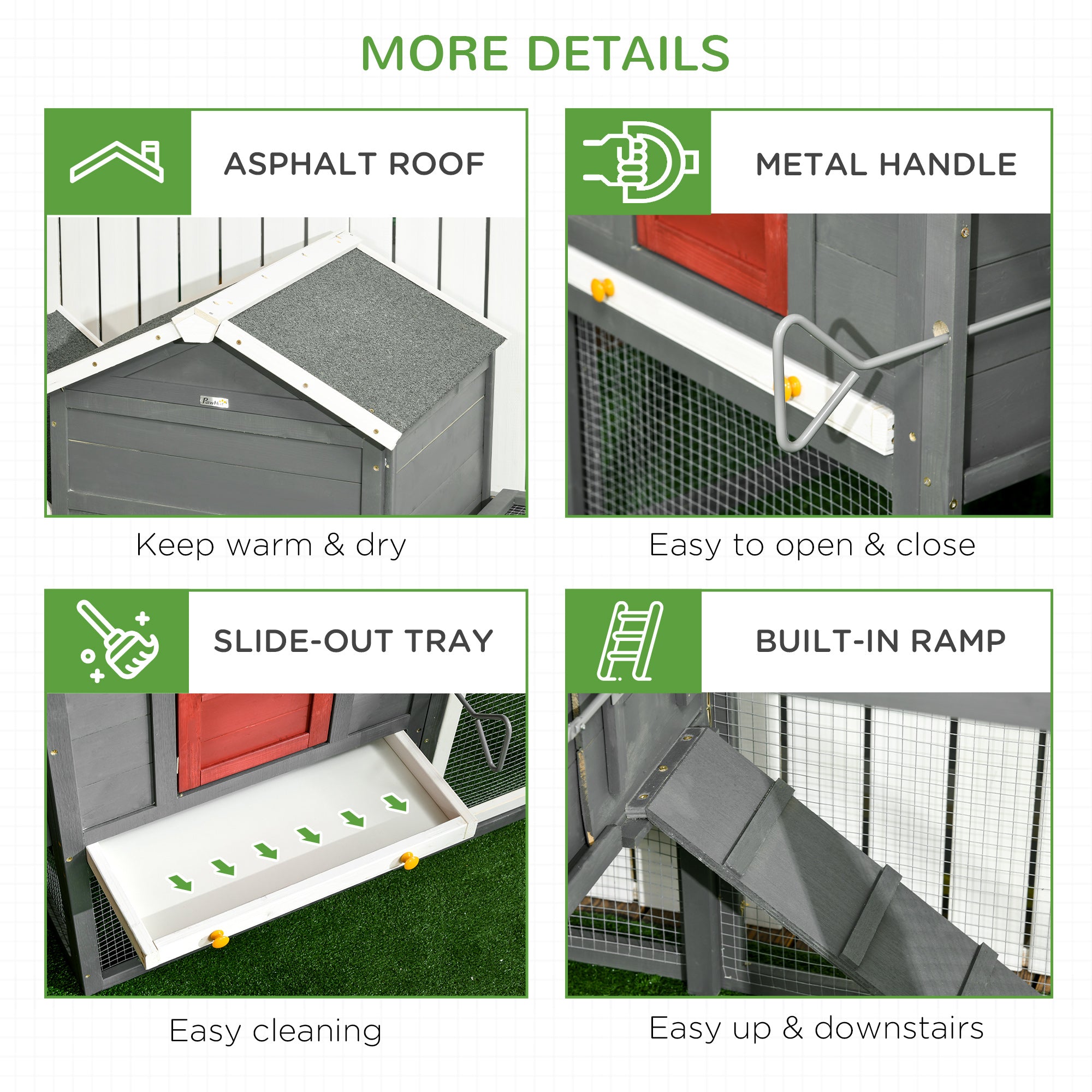 118" Extra Large Chicken Coop with Asphalt Roof, Wooden Hen Run with Slide-Out Tray and Nesting Box, Chicken Hutch for 3-6 Chickens, Gray - Gray - Image 7