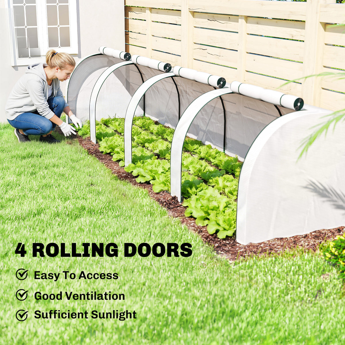 13' L x 3' W x 2.5' H Portable Tunneled Greenhouse with 4 Zippered Doors, Water/UV Fighting PE Cover, White