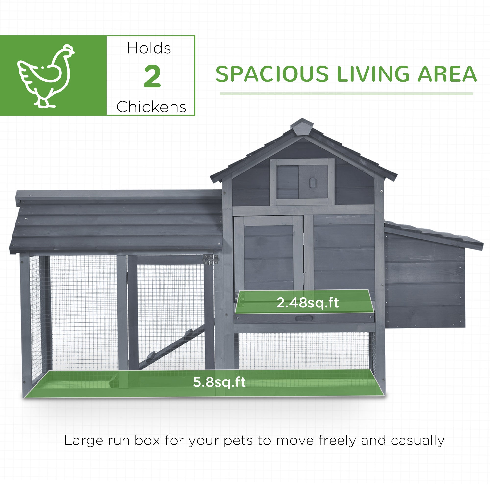 59" Small Wooden Chicken coop Hen House Poultry Cage for Outdoor Backyard with 2 Doors, Nesting Box and Removable Tray, Gray - Grey - Image 4