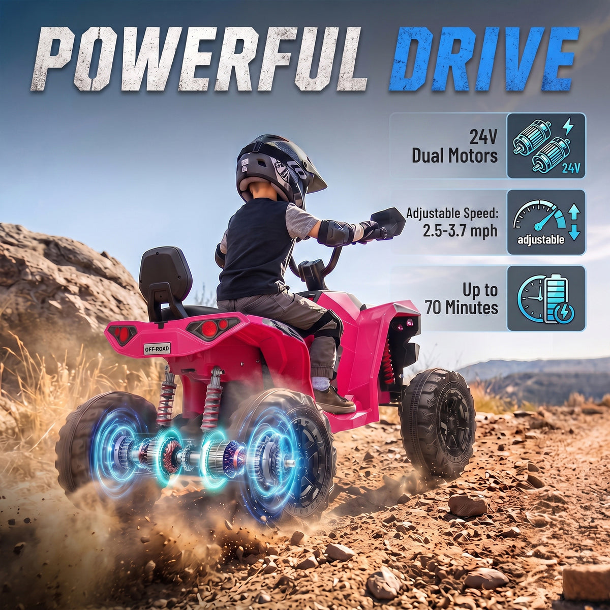 24V 2 Seater Ride On Toys, Kids ATV 4 Wheeler with Dual Motors, High & Low Speed for Boys Girls Aged 3-8 Years, Pink