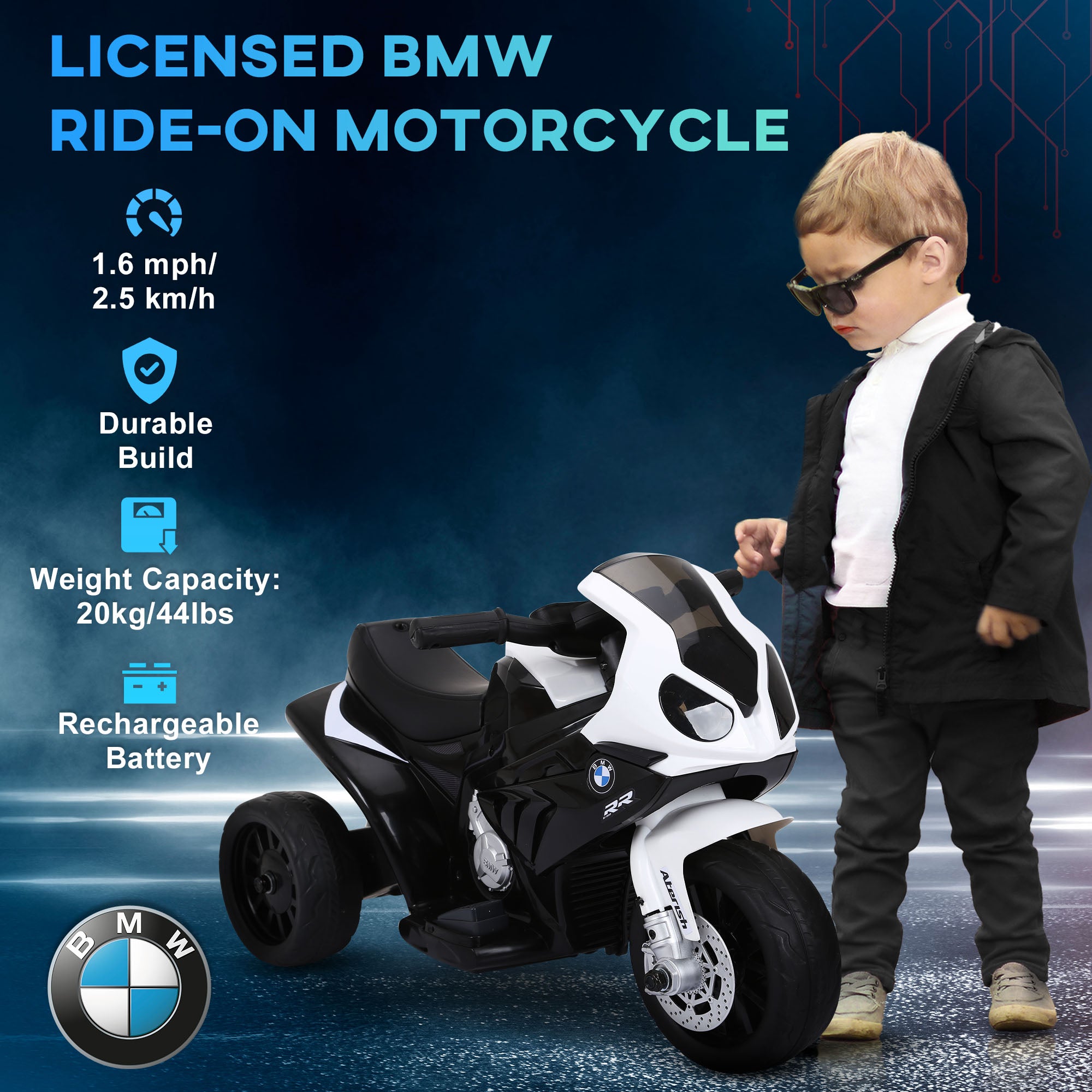 6V 3 Wheeled Electric Motorcycle, Kids Motorcycle Licensed BMW with Headlight, Music, Black