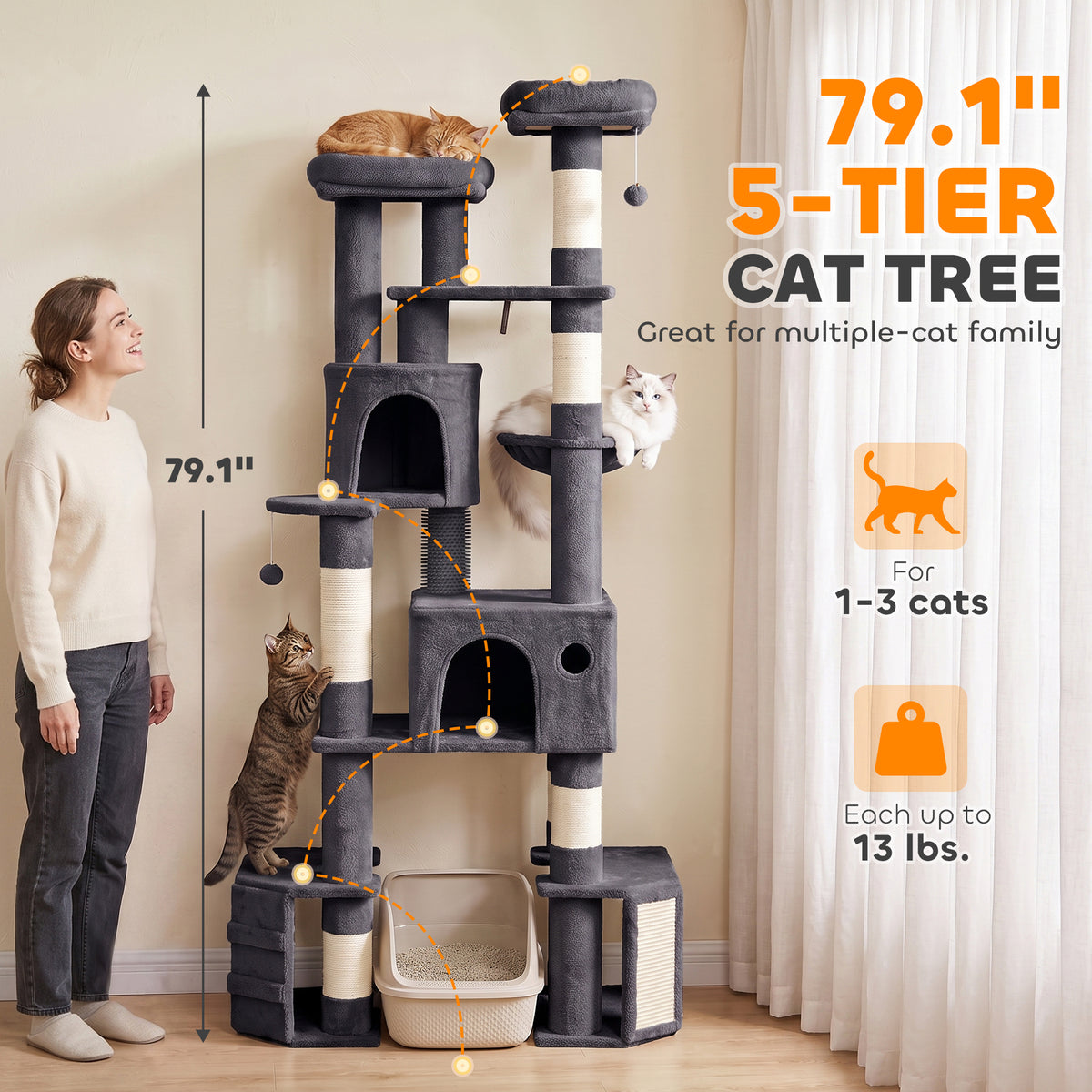79" Extra Large Cat Tree Tower with Dual Baseboard for Large Adult Big Cats, Dark Gray