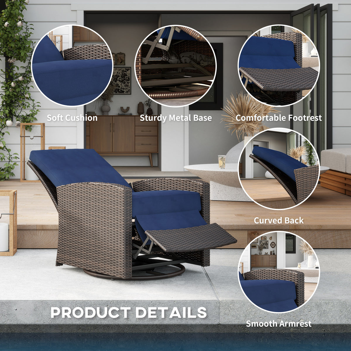 Outdoor Wicker Chair, Reclining Backrest, Lifting Footrest, 360° Rotating Basic, Water Resistant Cushions, Dark Blue
