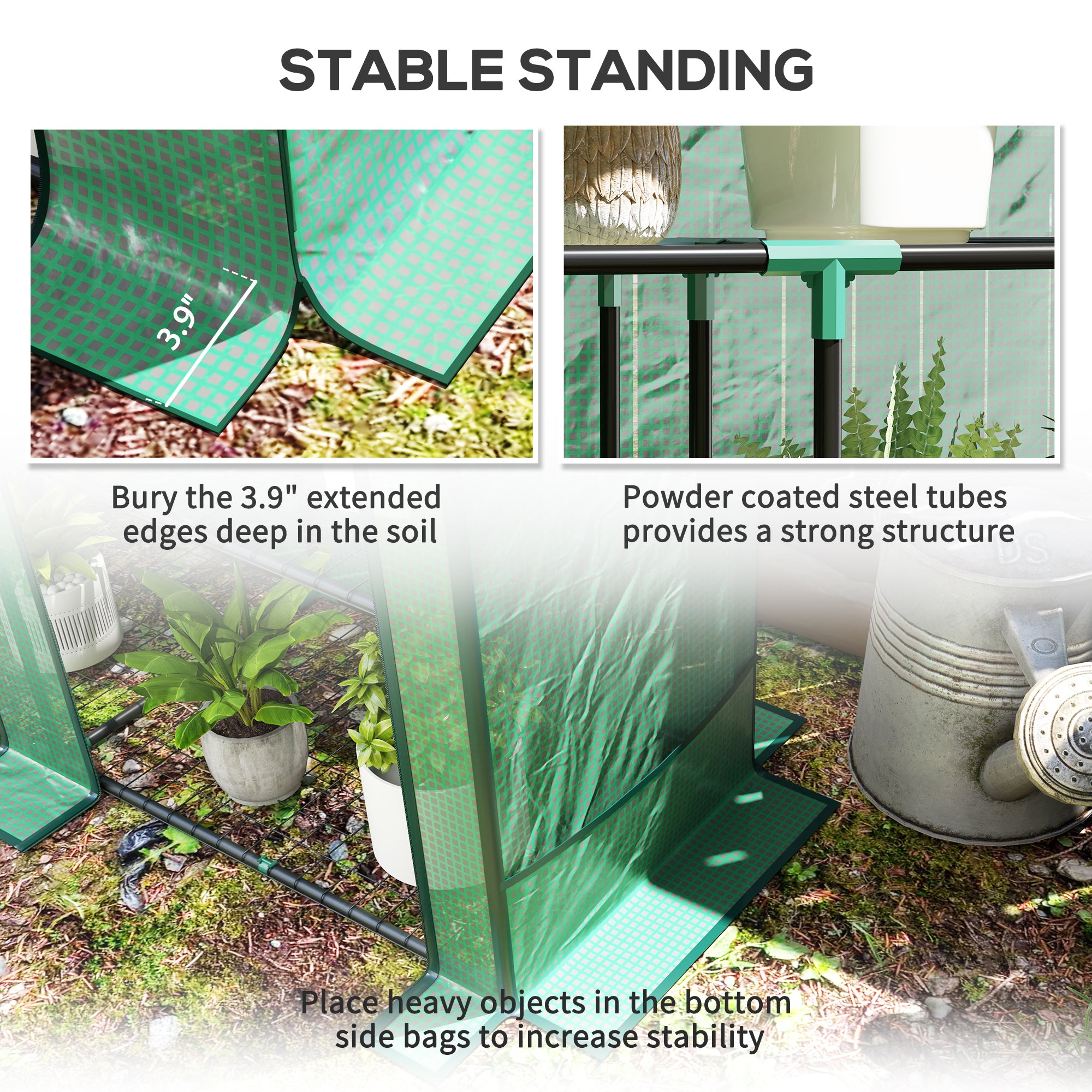 Lean-to Greenhouse with 3 Tier Shelves, Portable Greenhouse with PE Cover, 2 Roll-Up Doors, 56.7" x 18.9" x 59.8", Green - Green - Image 7