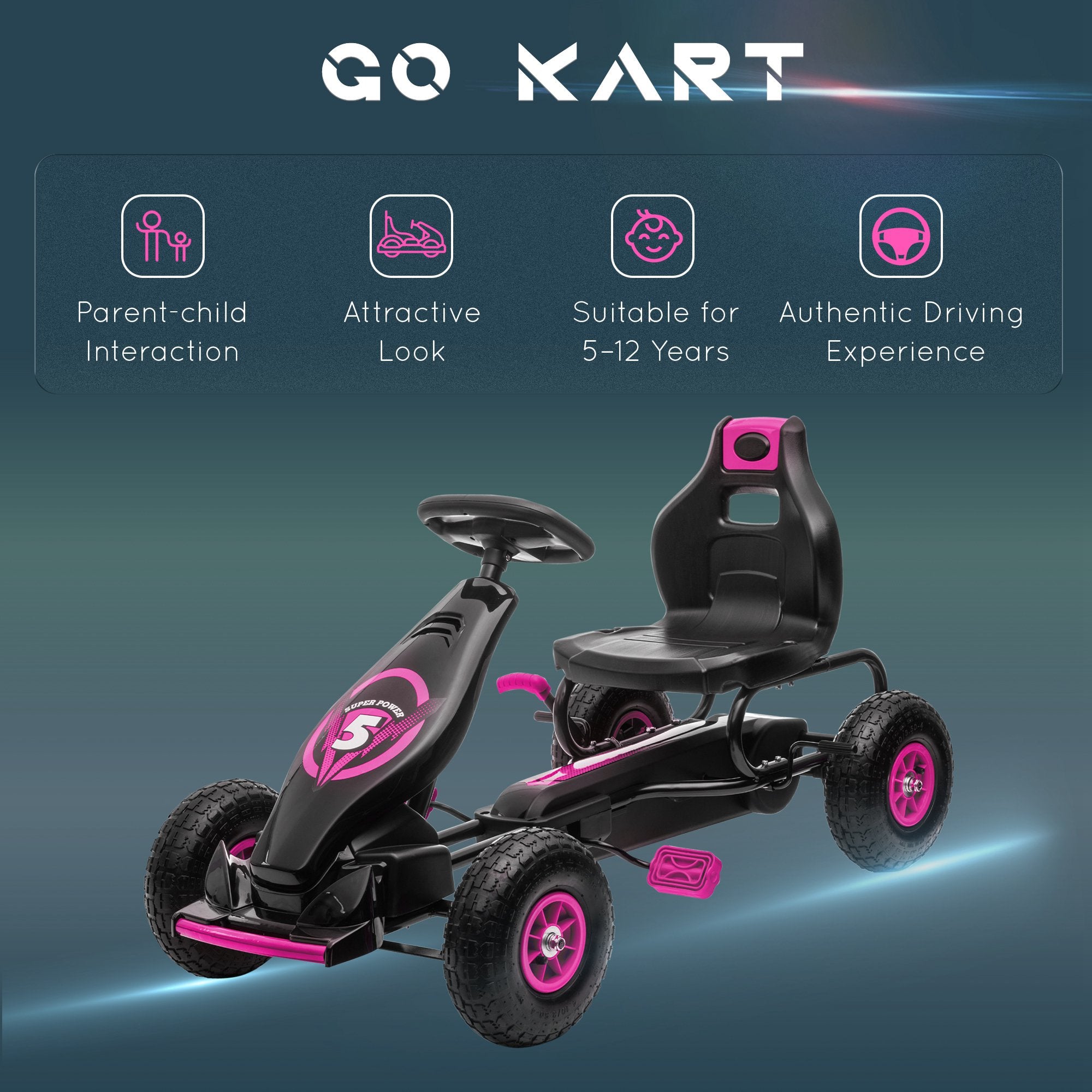 Ergonomic Pedal Go Kart Kids Ride-on Toy with Tough, Wear-Resistant Tread for Boys & Girls, Ages 5-12, Pink