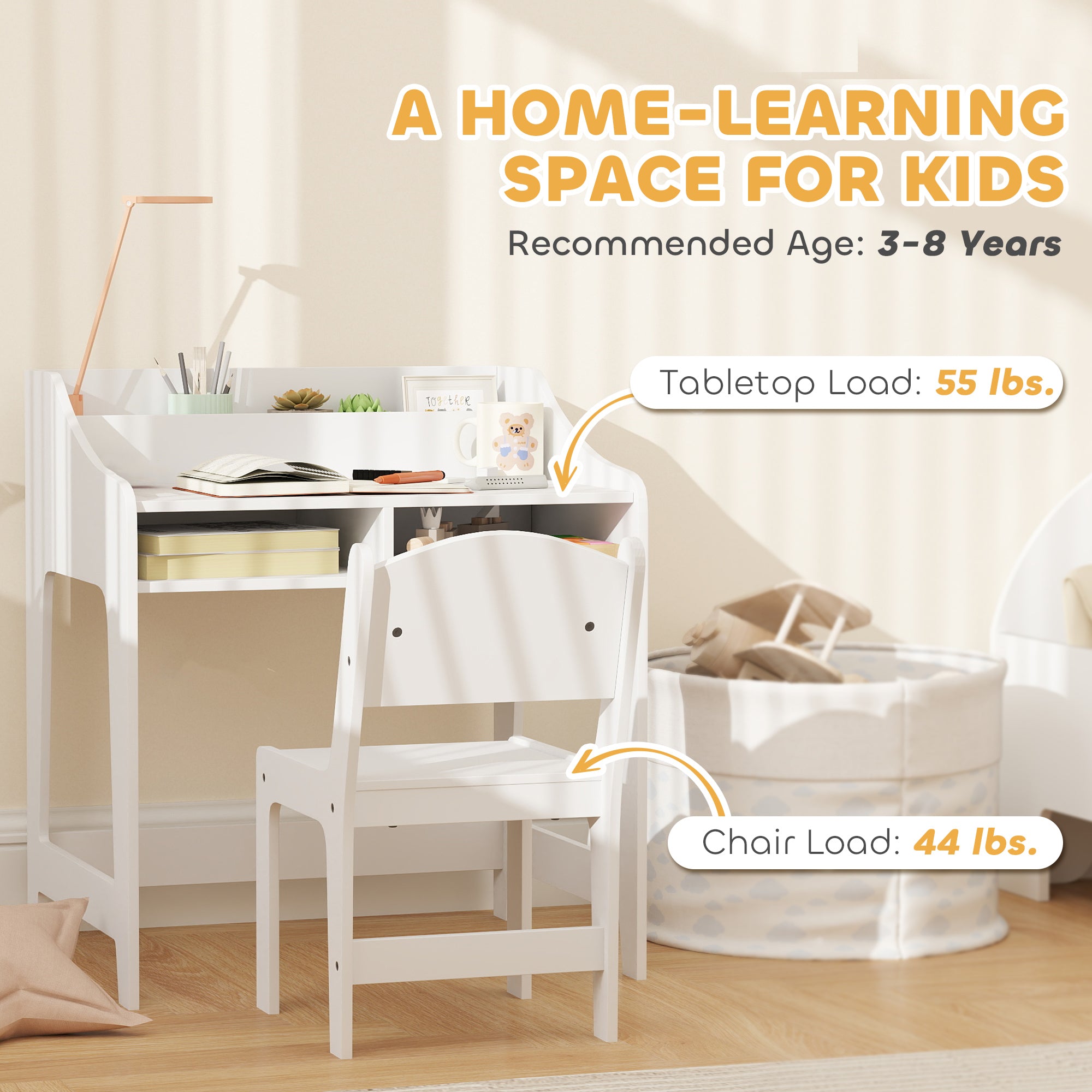 Kids Desk and Chair Set with Storage and Shelves, for Bedroom & Study Room, Gift for 3-8 Years Old, White