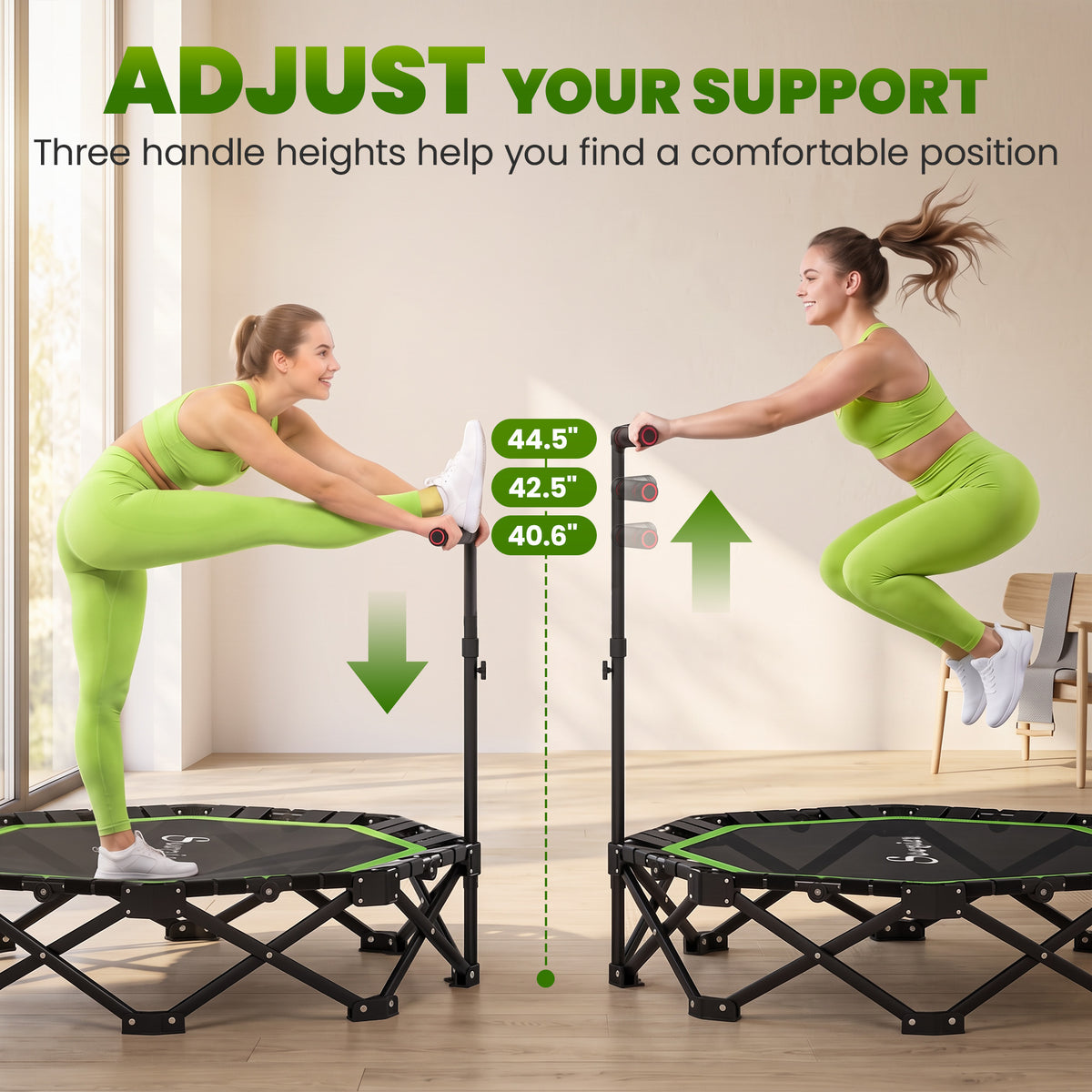 50" Foldable Mini Trampoline for Adults, One-Step Fold & Open, 550LBS Capacity, 3-Level Adjustable Handle, Green
