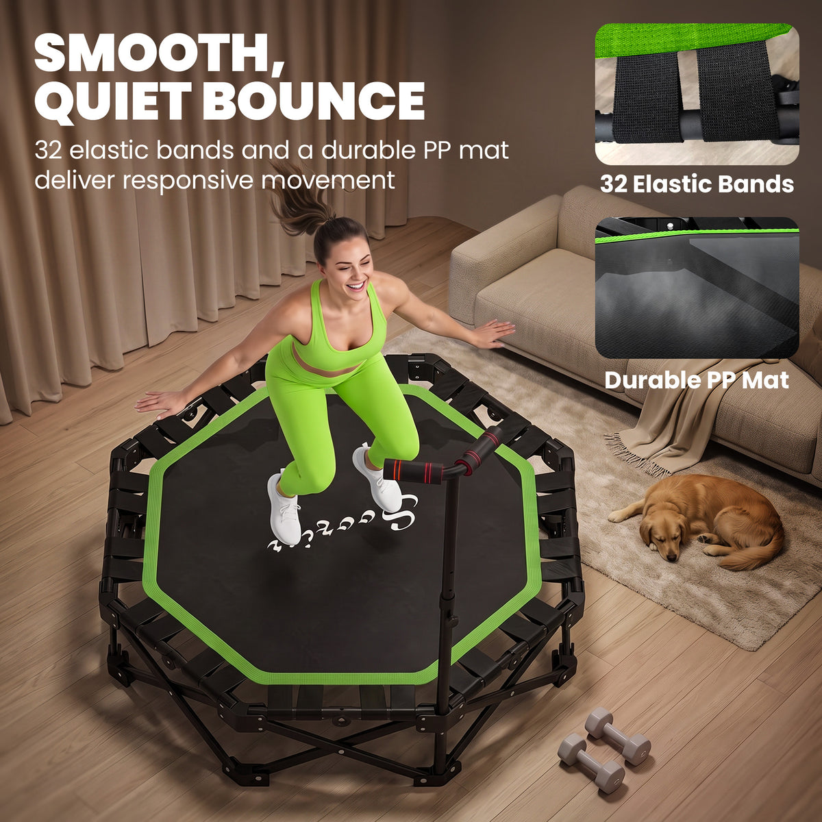 50" Foldable Mini Trampoline for Adults, One-Step Fold & Open, 550LBS Capacity, 3-Level Adjustable Handle, Green
