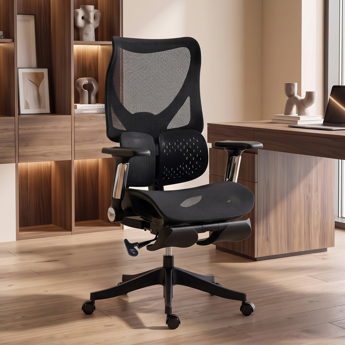 Ergonomic Office Chair with Lumbar Support, Mesh Reclining Desk Chair with Footrest, Adjustable High Back, Black