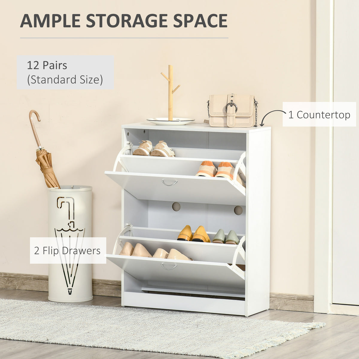 Shoe Cabinet with 2 Flip Drawers, Narrow Shoe Storage Cabinet with Adjustable Shelves for Entryway, Hallway, White