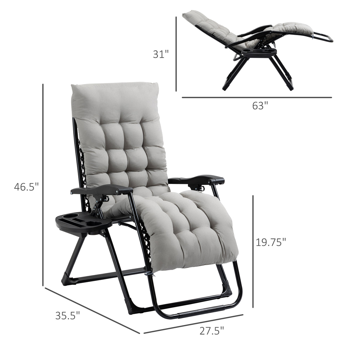 Padded Zero Gravity Chair, Folding Recliner Chair with Cup Holder Cushion, Gray