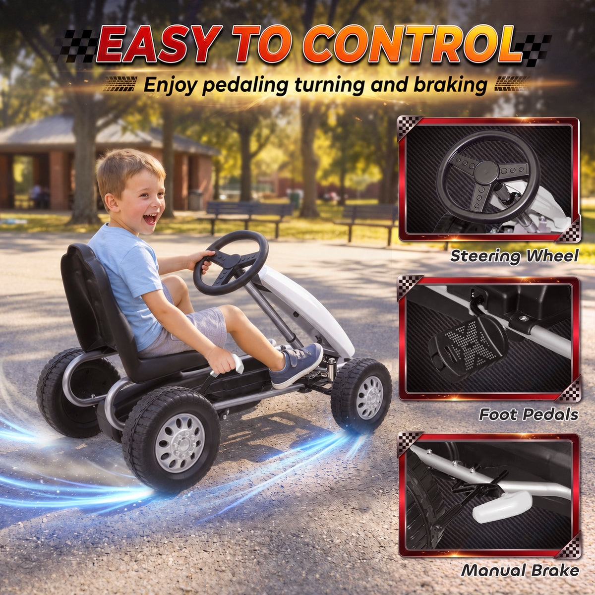 Lightweight Pedal Go Kart with Steering Wheel, Go Cart Ride on Toy with Adjustable Seat for 3+ Years, White