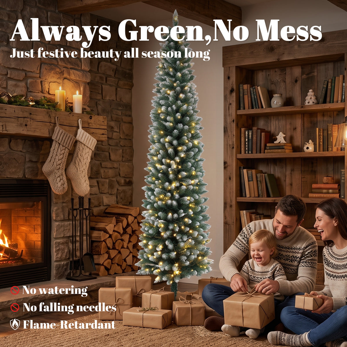6ft Pencil Prelit Christmas Tree, Dual Color LEDs, Flocked, Remote, Slim Xmas Tree with 11 Modes, Green White
