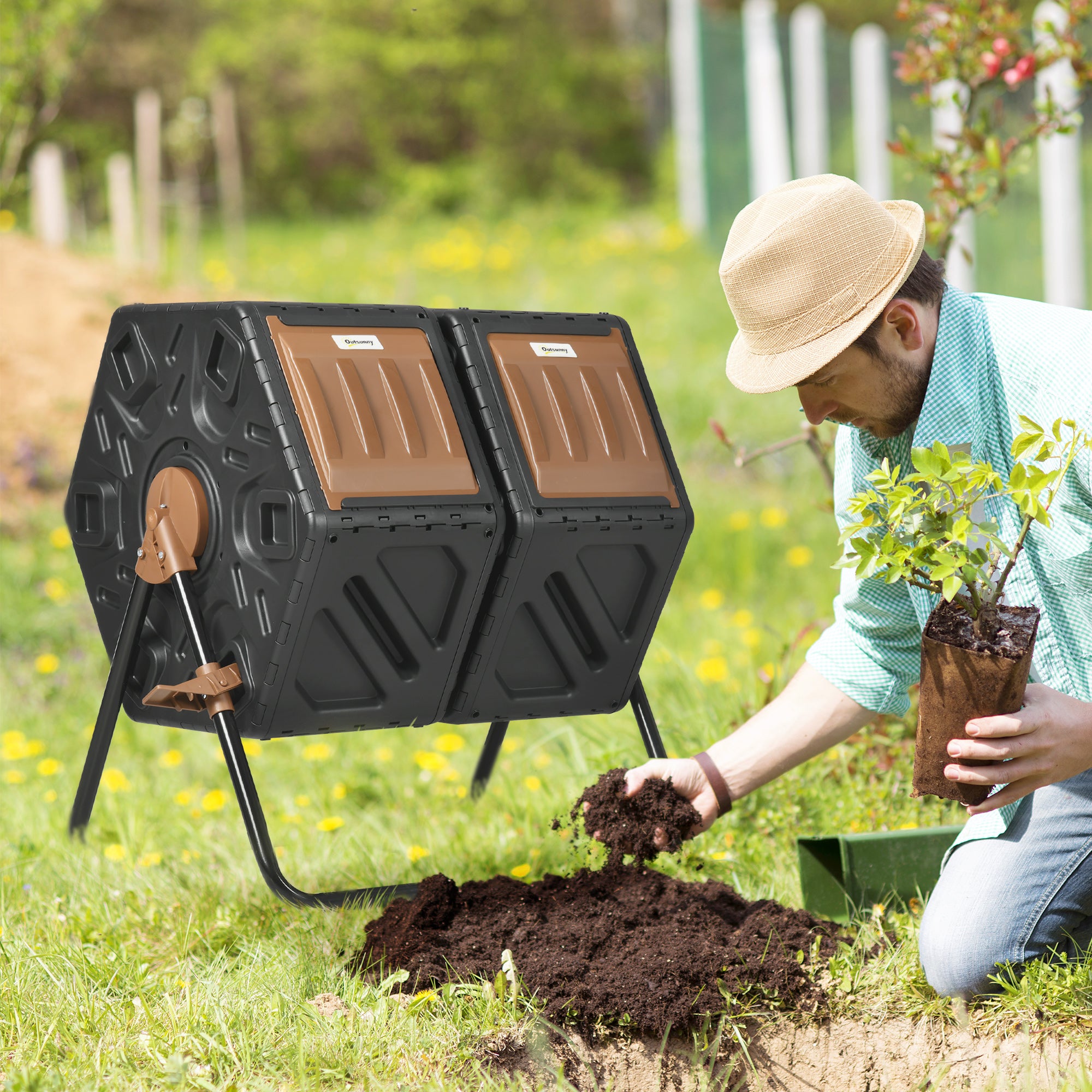 Dual Chamber Compost Tumbler Bin, Outdoor Tumbling Composter with 24 Ventilation Openings and Steel Legs, 34.5 Gallon - Brown, Black - Image 2