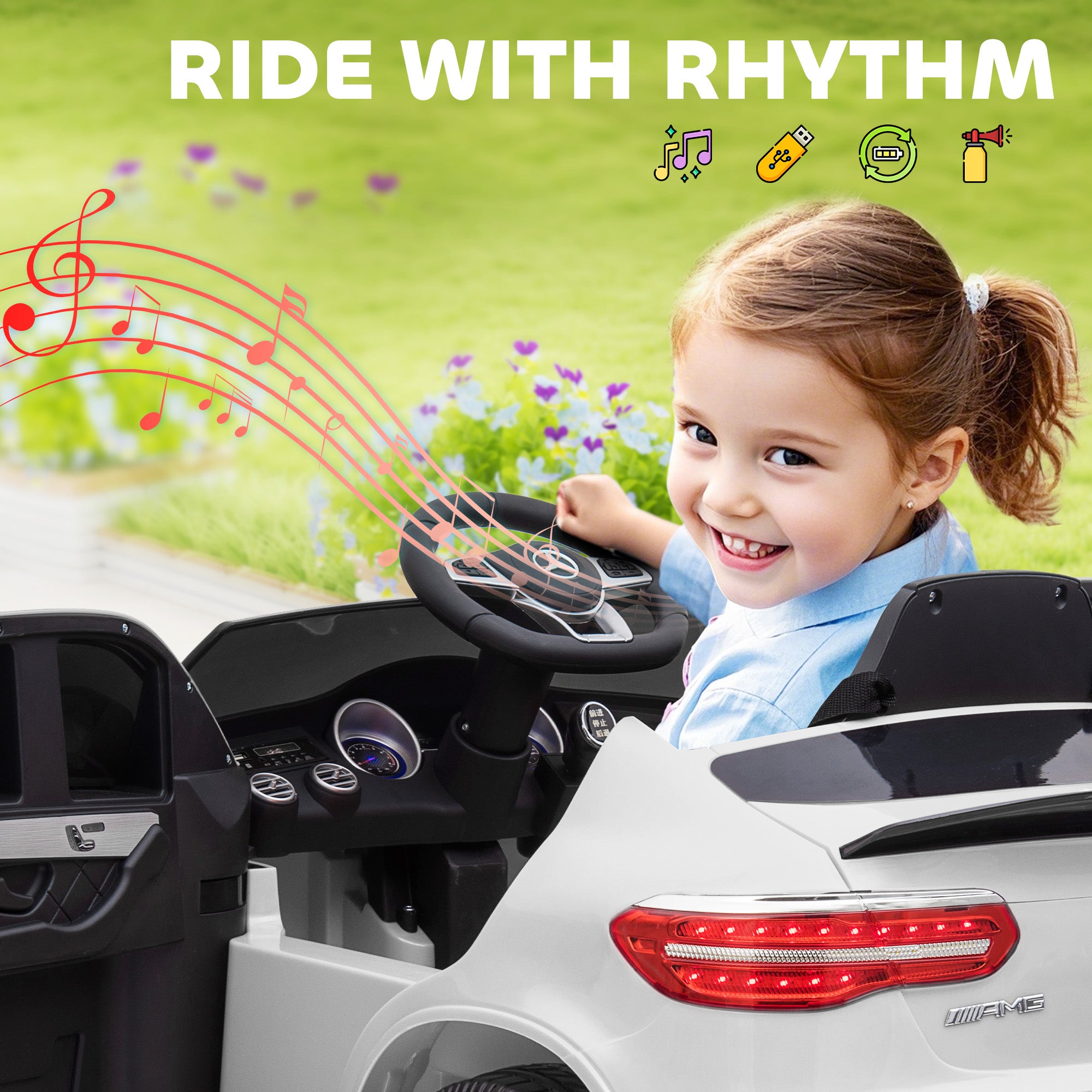 12V Toddler Ride On Car with Remote Control, Mercedes Benz AMG GLC63S Coupe, Electric Car with 2 Speed, MP3 Player, Light, Horn, Songs, Suspension, White