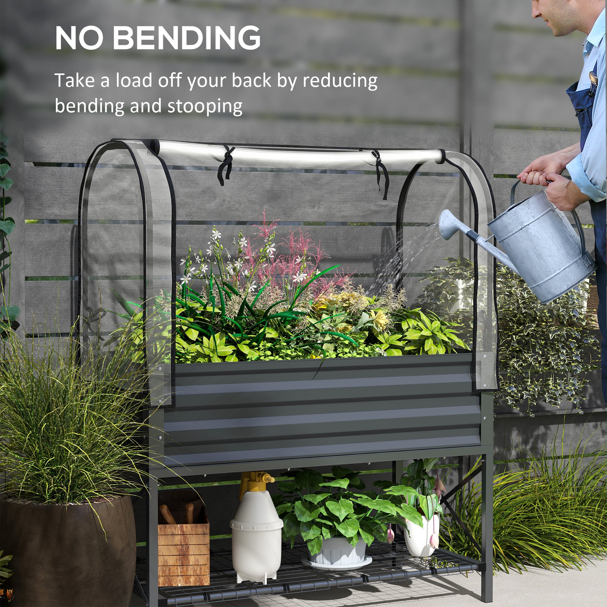 Raised Garden Bed with Legs and Cover, Metal Elevated Planter Box with Bottom Shelf and Liner for Vegetables, Dark Gray - Dark Gray - Image 7