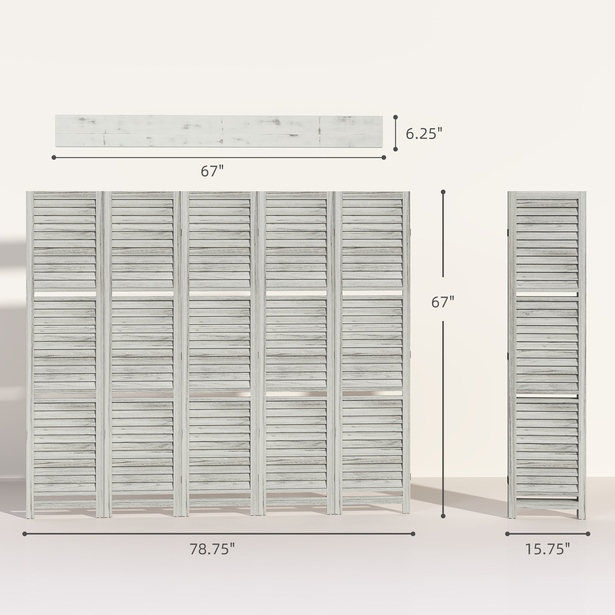 5 Panel 67" Tall Wood Privacy Screen Room Divider with 3 Shelves and Folding Storage for Bedroom, Distressed White