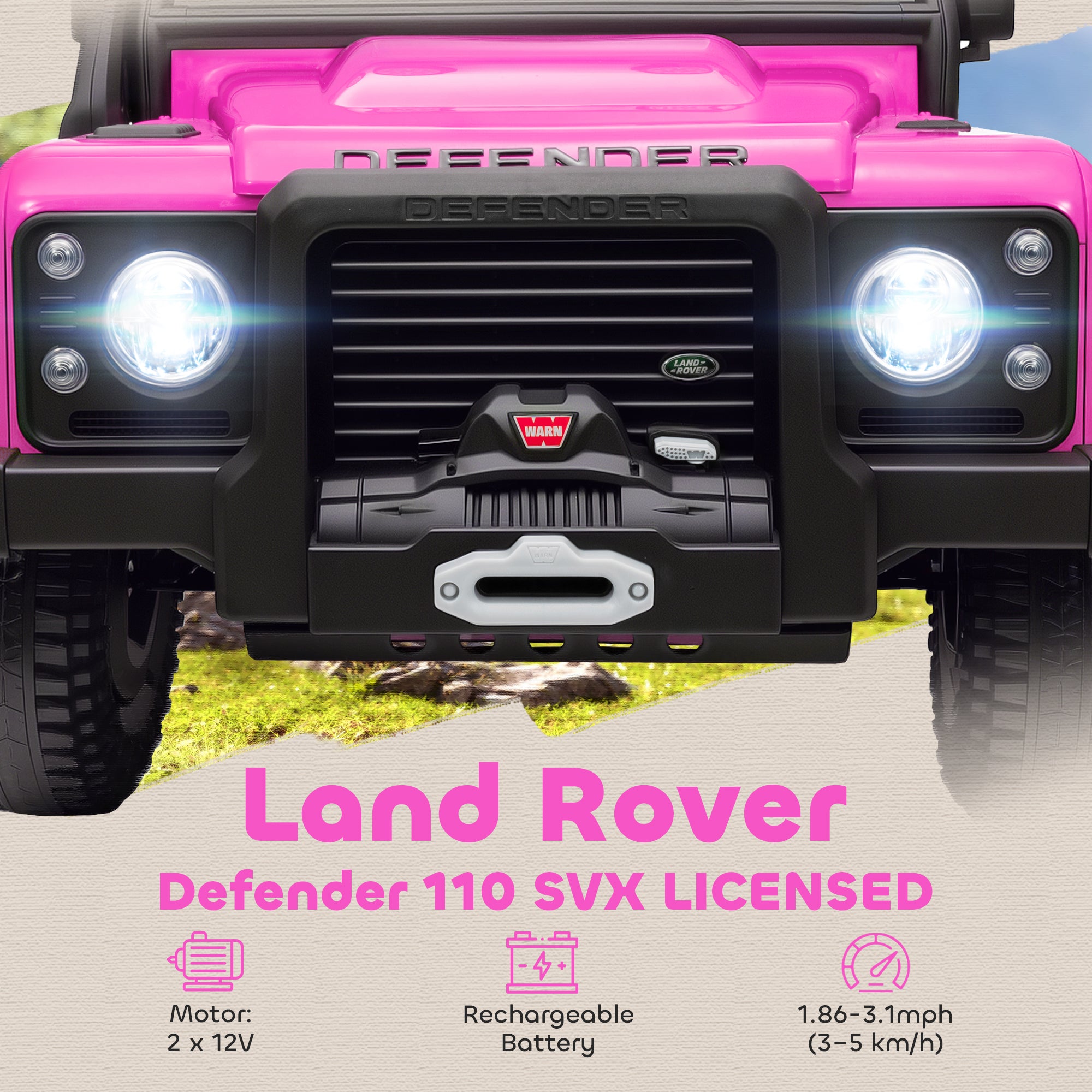 Land Rover Licensed Electric Car for Kids with Remote Control, Dual Motors, Spring Suspension, LED Lights, Pink