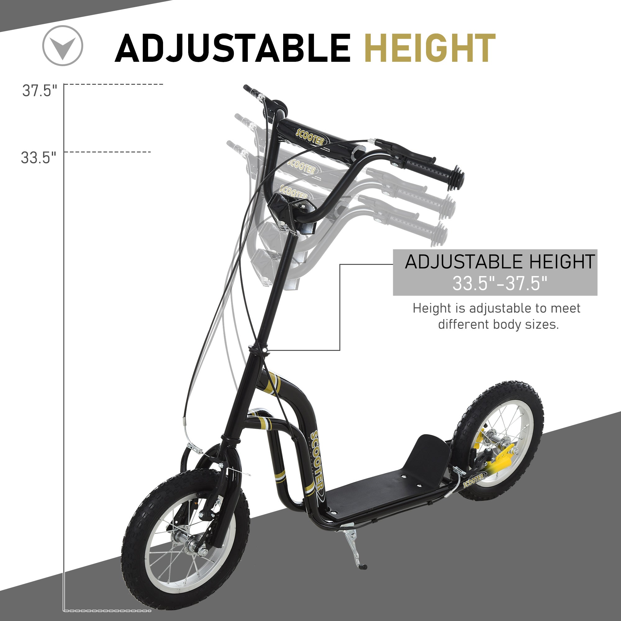 Youth Scooter Front and Rear Caliper Dual Brakes 12-Inch Inflatable Front Wheel Ride On Toy For Age 5+ - Black