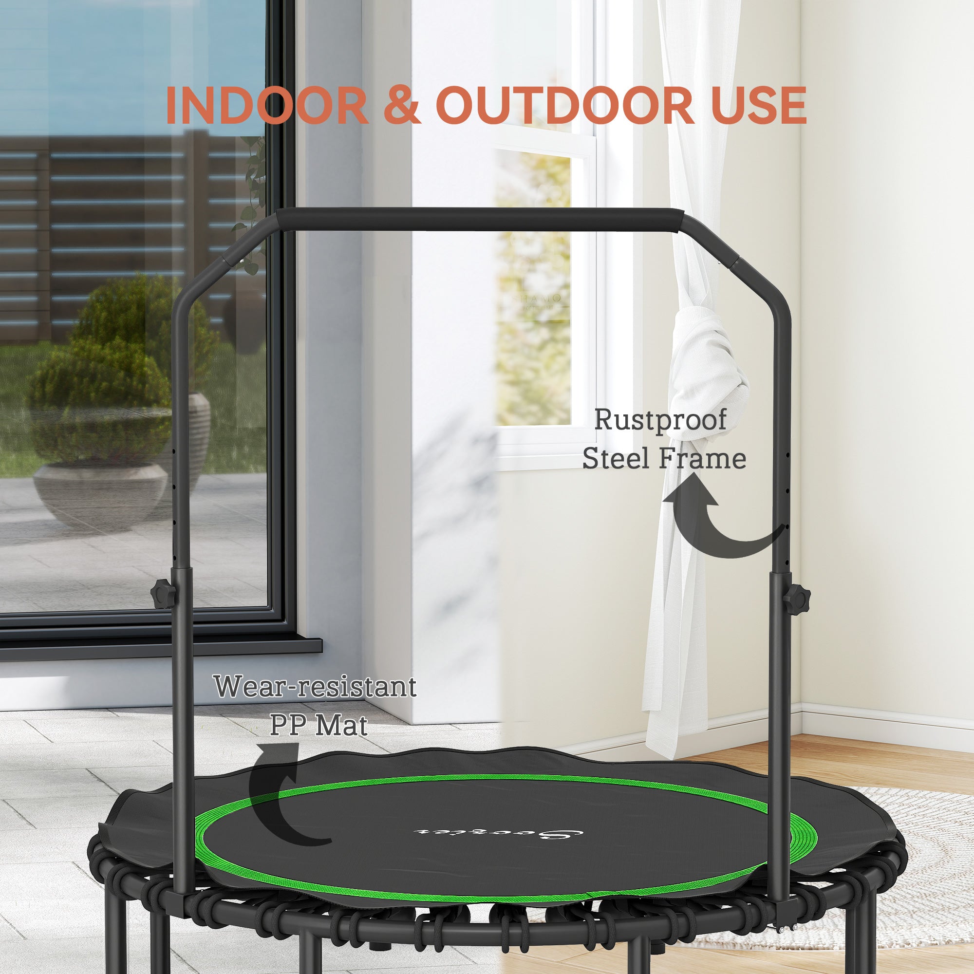 45" Rebounder Trampoline for Adults, Foldable Mini Trampoline with Adjustable Handle Bar for Indoor Outdoor, Green