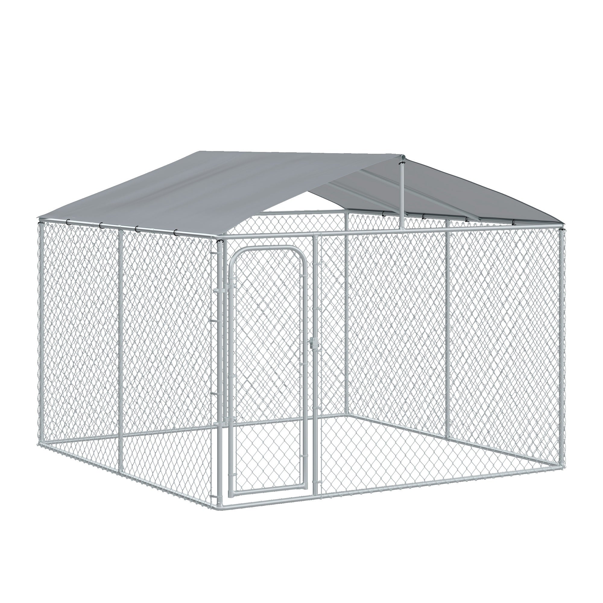 Outdoor Dog Kennel Galvanized Steel Fence with Cover Secure Lock Mesh Sidewalls for Backyard 9.8' x 9.8' x 7.7' - Silver