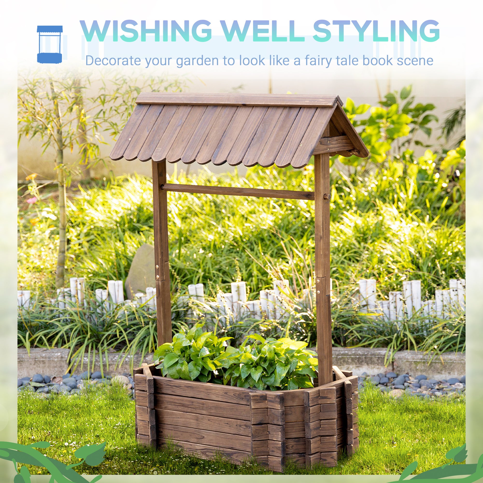 Wishing Well Planter, Wooden Raised Garden Bed, Ornamental Outdoor Flower Planter for Outdoor Garden, Yard, Lawn, and Home Decor - Rustic Brown - Image 4