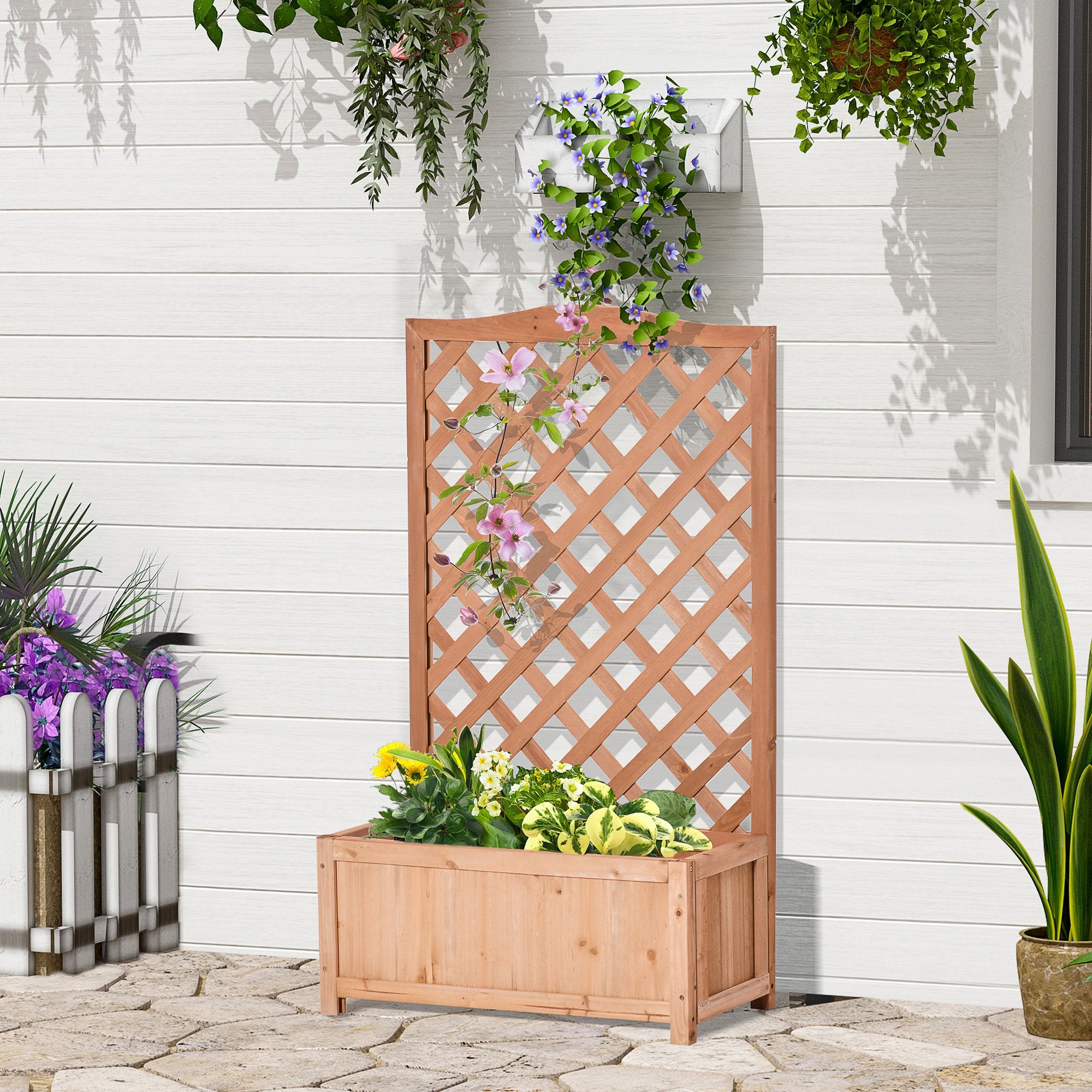 28" x 11" x 46" Raised Garden Bed, Wooden Planter Box w/ Trellis, Brown - Brown - Image 2