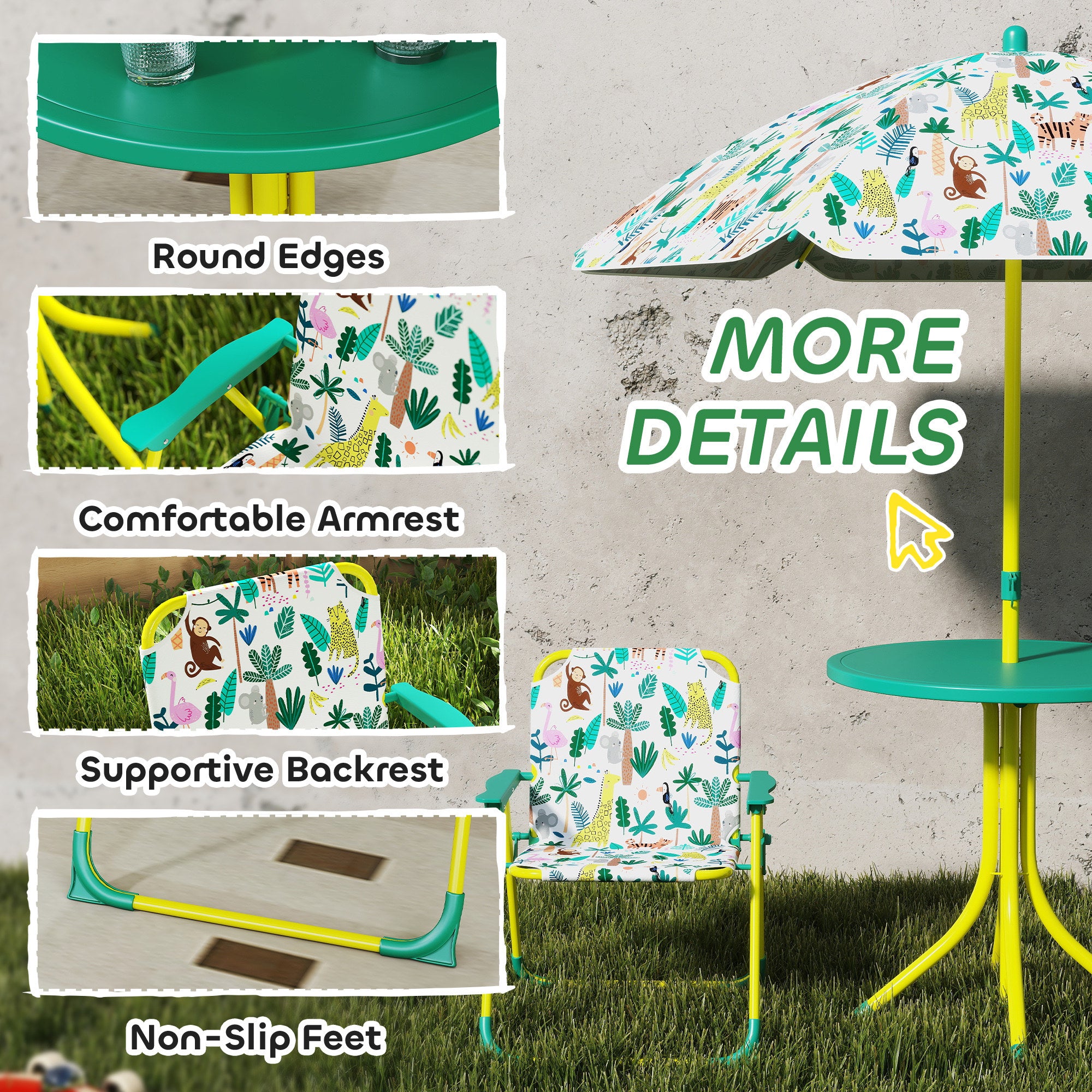 Kids Picnic Table, Kids Table and Chair Set with 2 Folding Chairs and Umbrella for Backyard, Garden, Patio, Green