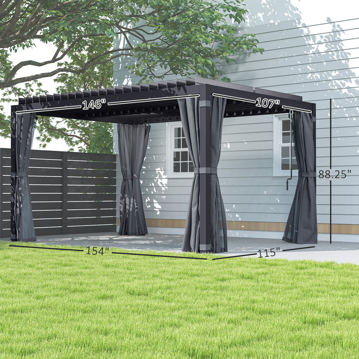 10' x 13' Outdoor Retractable Pergola w/ Sun Shade Louvered Top, Pergola w/ Canopy, Curtains, Netting, Dark Gray